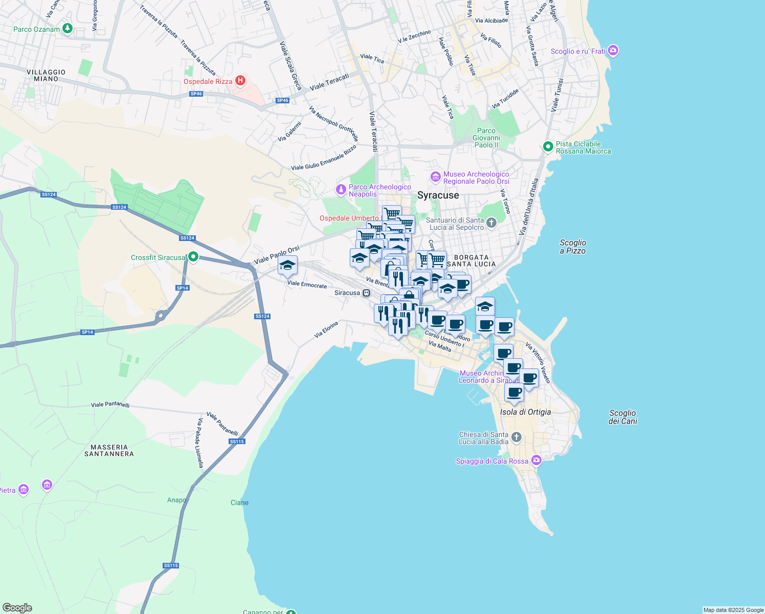 map of restaurants, bars, coffee shops, grocery stores, and more near 78 Via Francesco Crispi in Syracuse