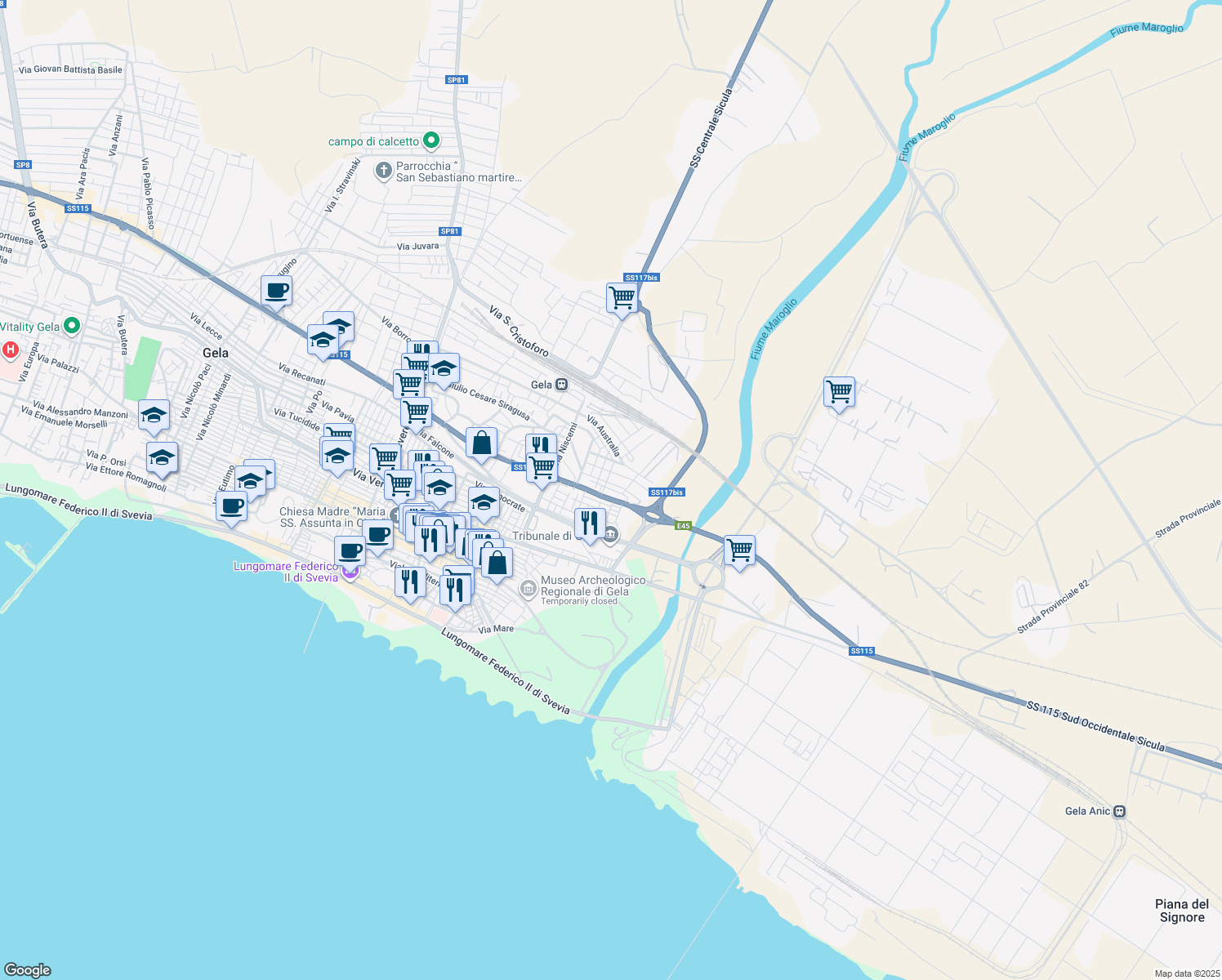 map of restaurants, bars, coffee shops, grocery stores, and more near 11 Via Brasile in Gela