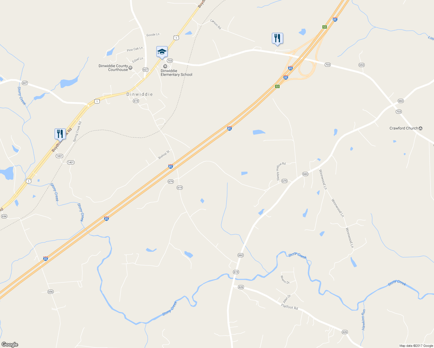 map of restaurants, bars, coffee shops, grocery stores, and more near 19117 Lundys Road in Dinwiddie