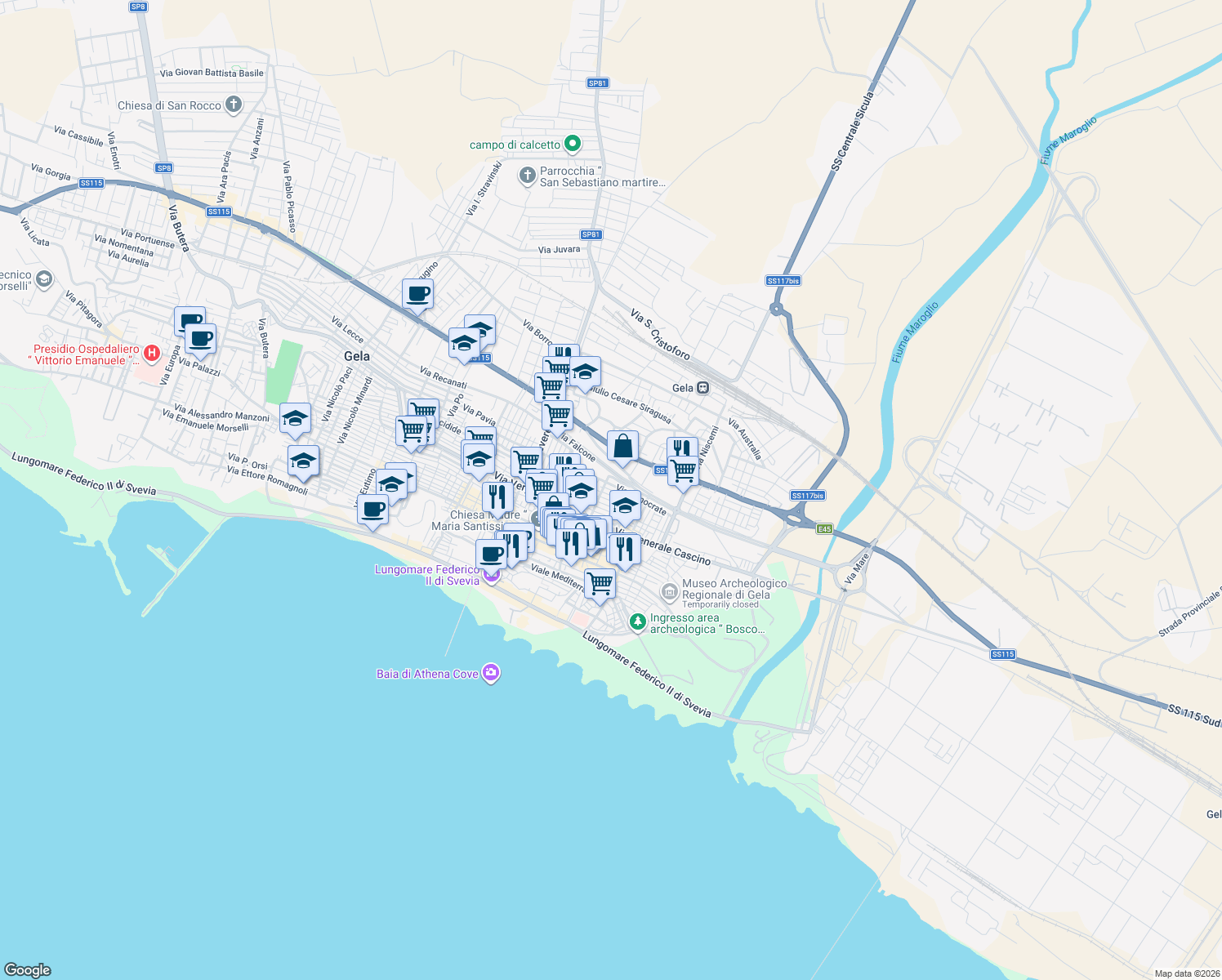 map of restaurants, bars, coffee shops, grocery stores, and more near 50 Via Pergusa in Gela
