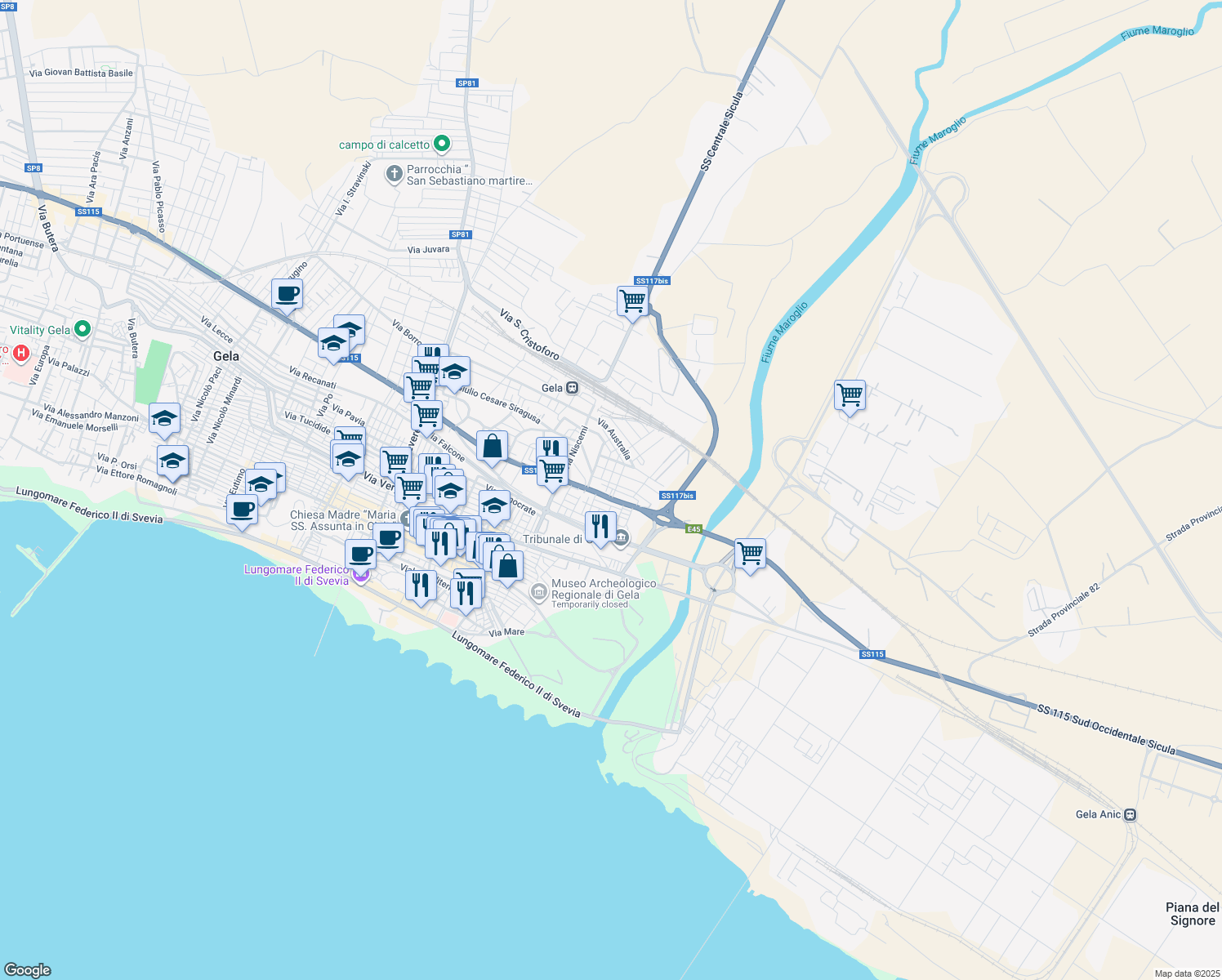 map of restaurants, bars, coffee shops, grocery stores, and more near 11 Via Brasile in Gela