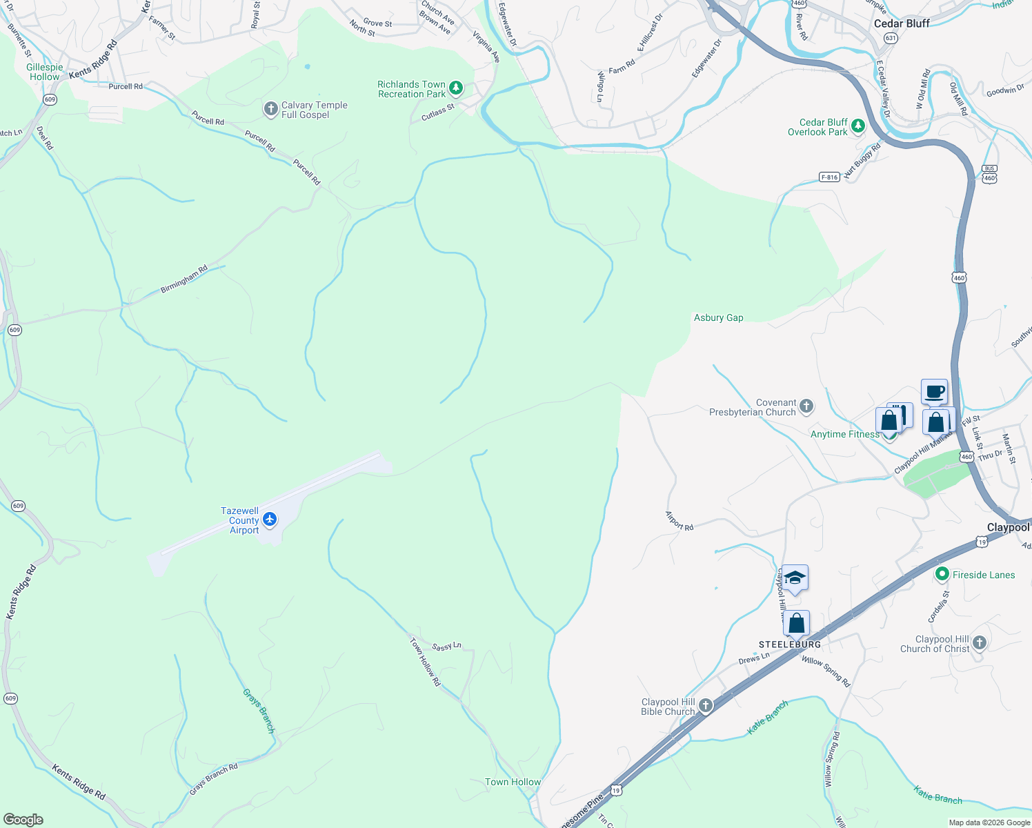 map of restaurants, bars, coffee shops, grocery stores, and more near Airport Road in Cedar Bluff