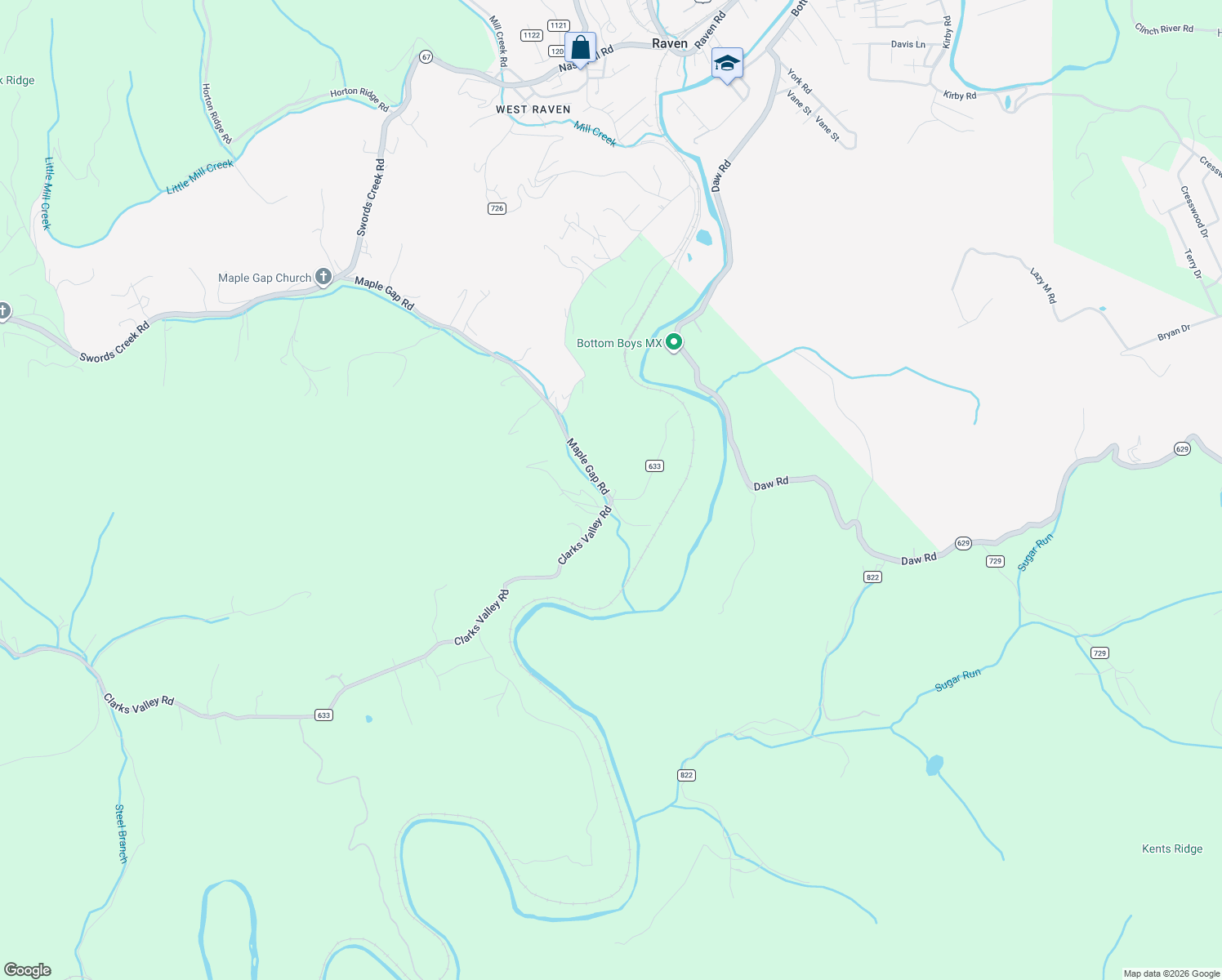 map of restaurants, bars, coffee shops, grocery stores, and more near Co Road 633 in Swords Creek