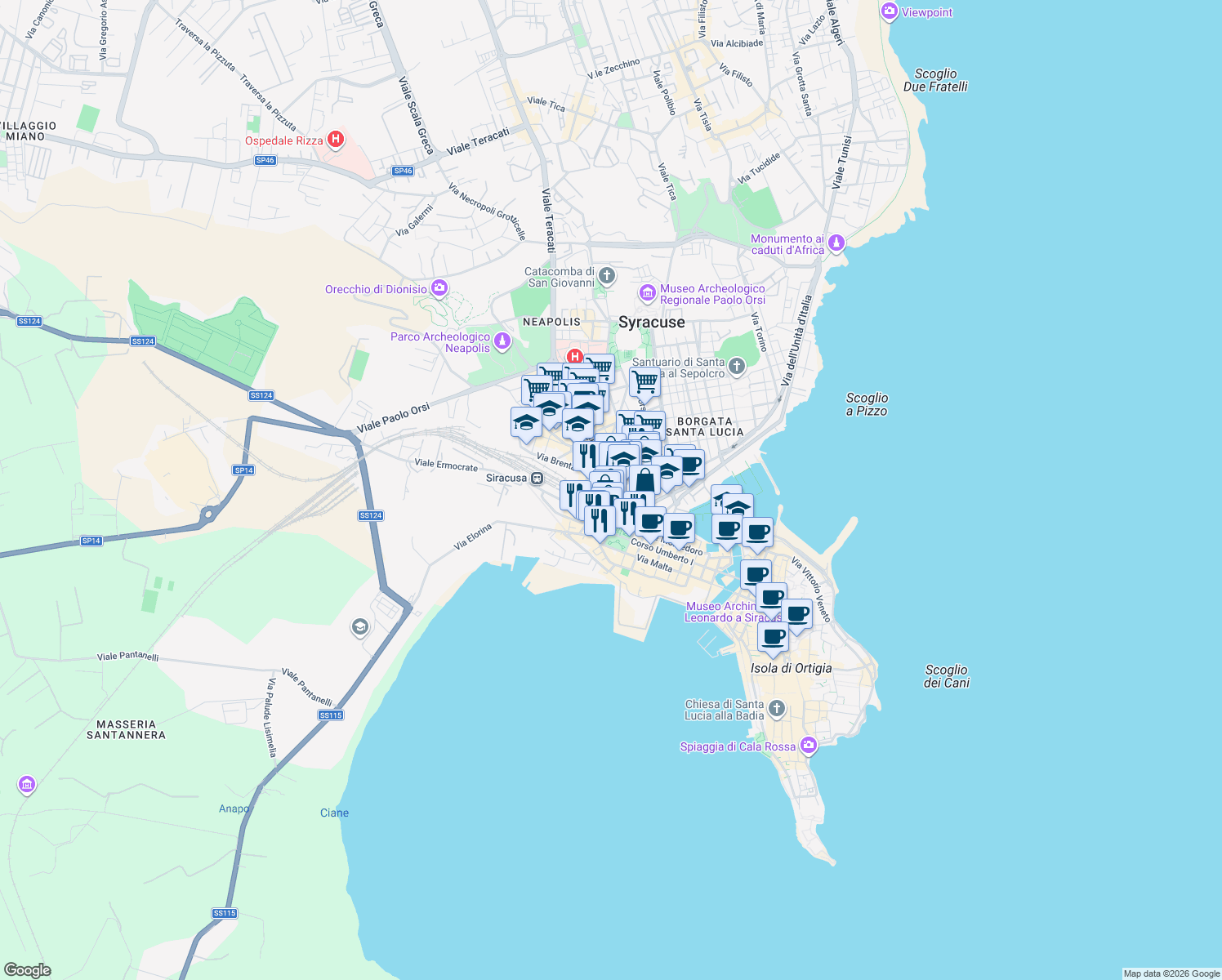map of restaurants, bars, coffee shops, grocery stores, and more near Largo Nicola Calipari in Syracuse