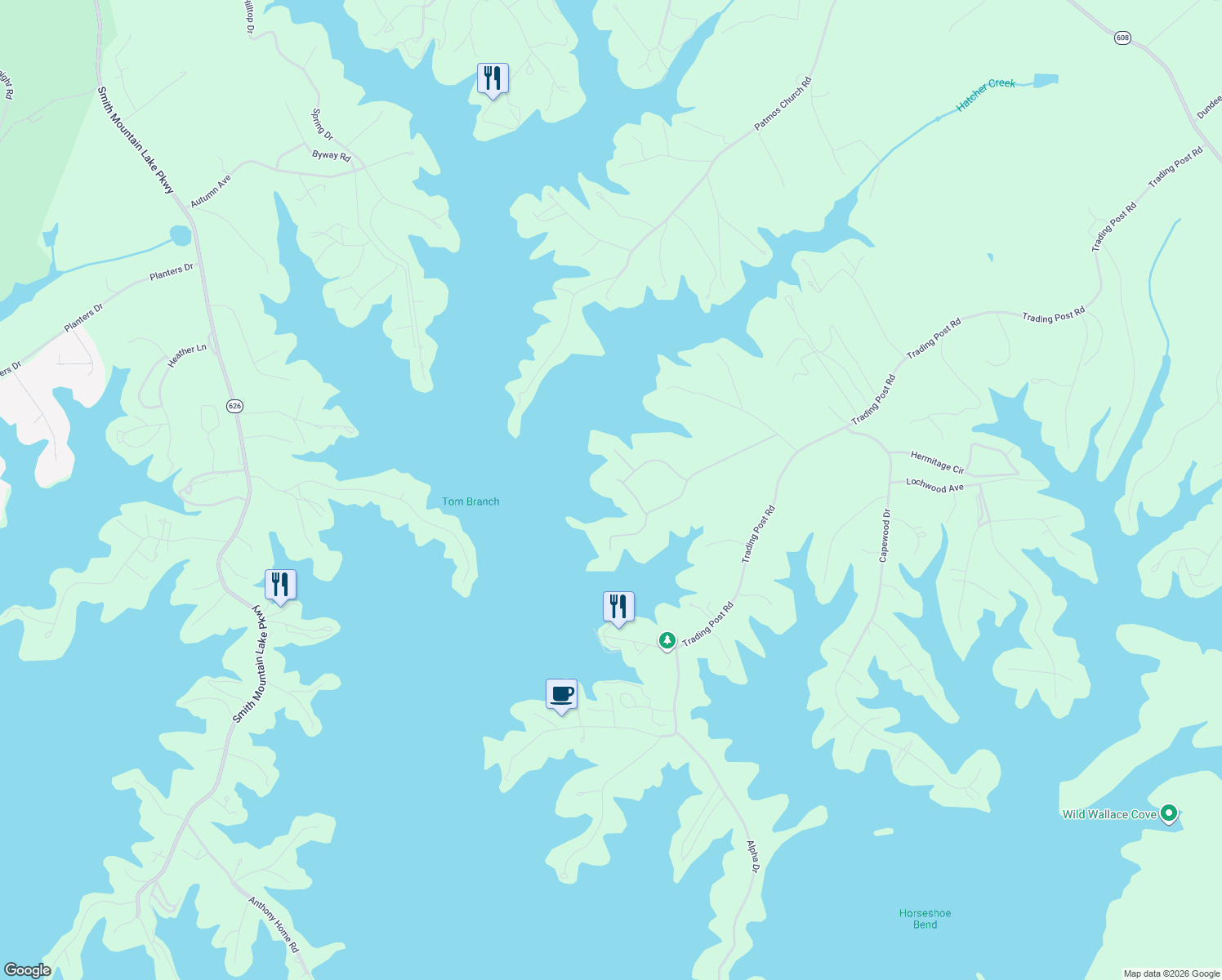 map of restaurants, bars, coffee shops, grocery stores, and more near 205 Pine Drive in Huddleston