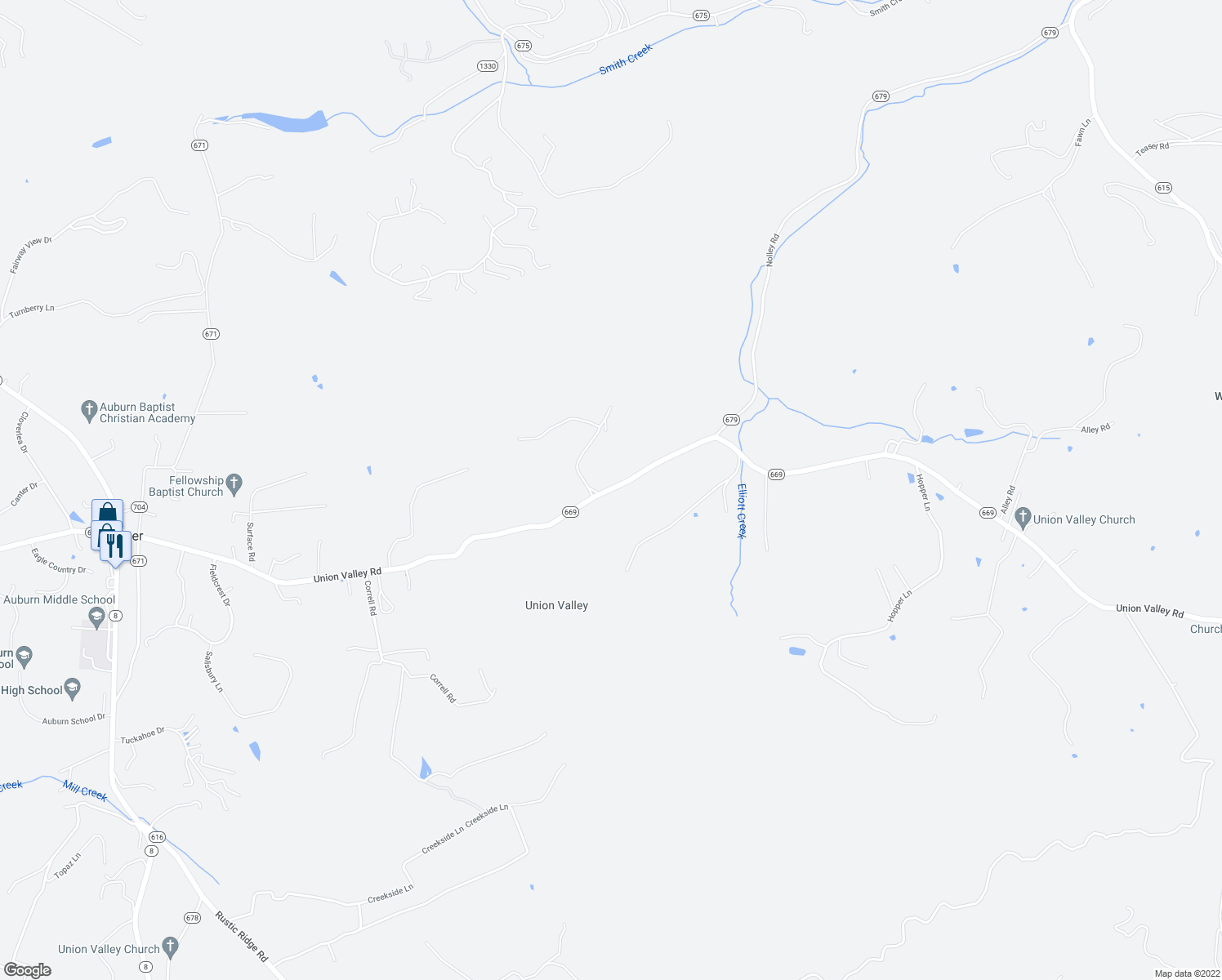 map of restaurants, bars, coffee shops, grocery stores, and more near 1249 Union Valley Road in Riner