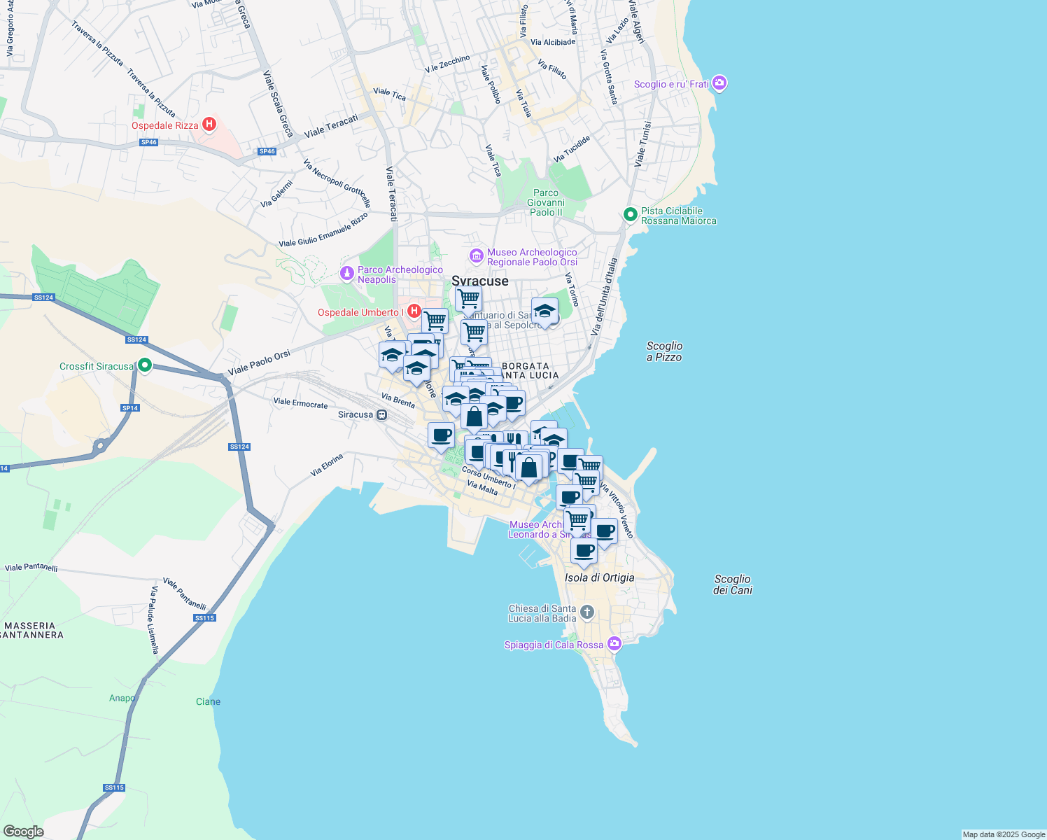 map of restaurants, bars, coffee shops, grocery stores, and more near 36 Riva Porto Lachio in Siracusa