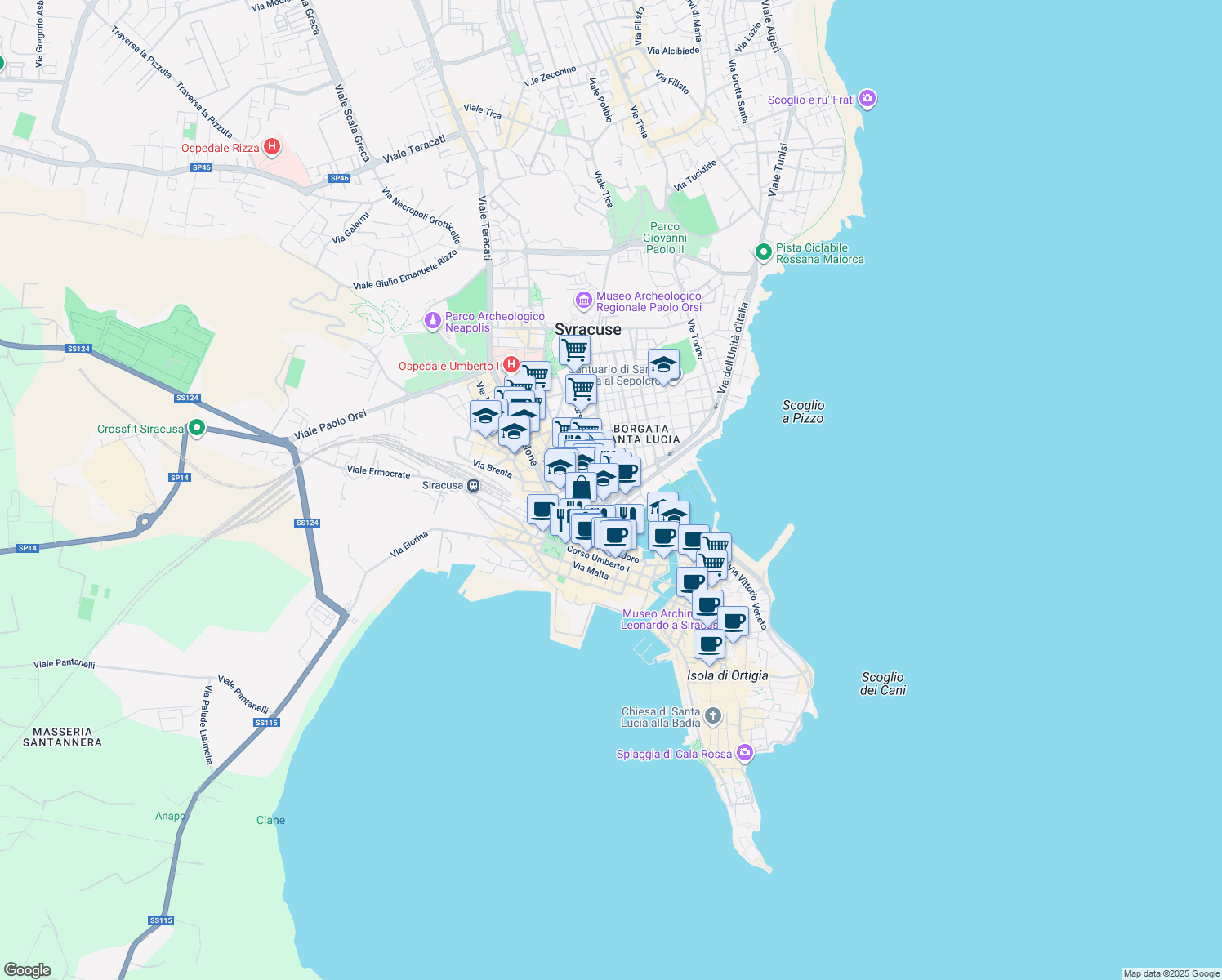 map of restaurants, bars, coffee shops, grocery stores, and more near 45 Via Agatocle in Siracusa
