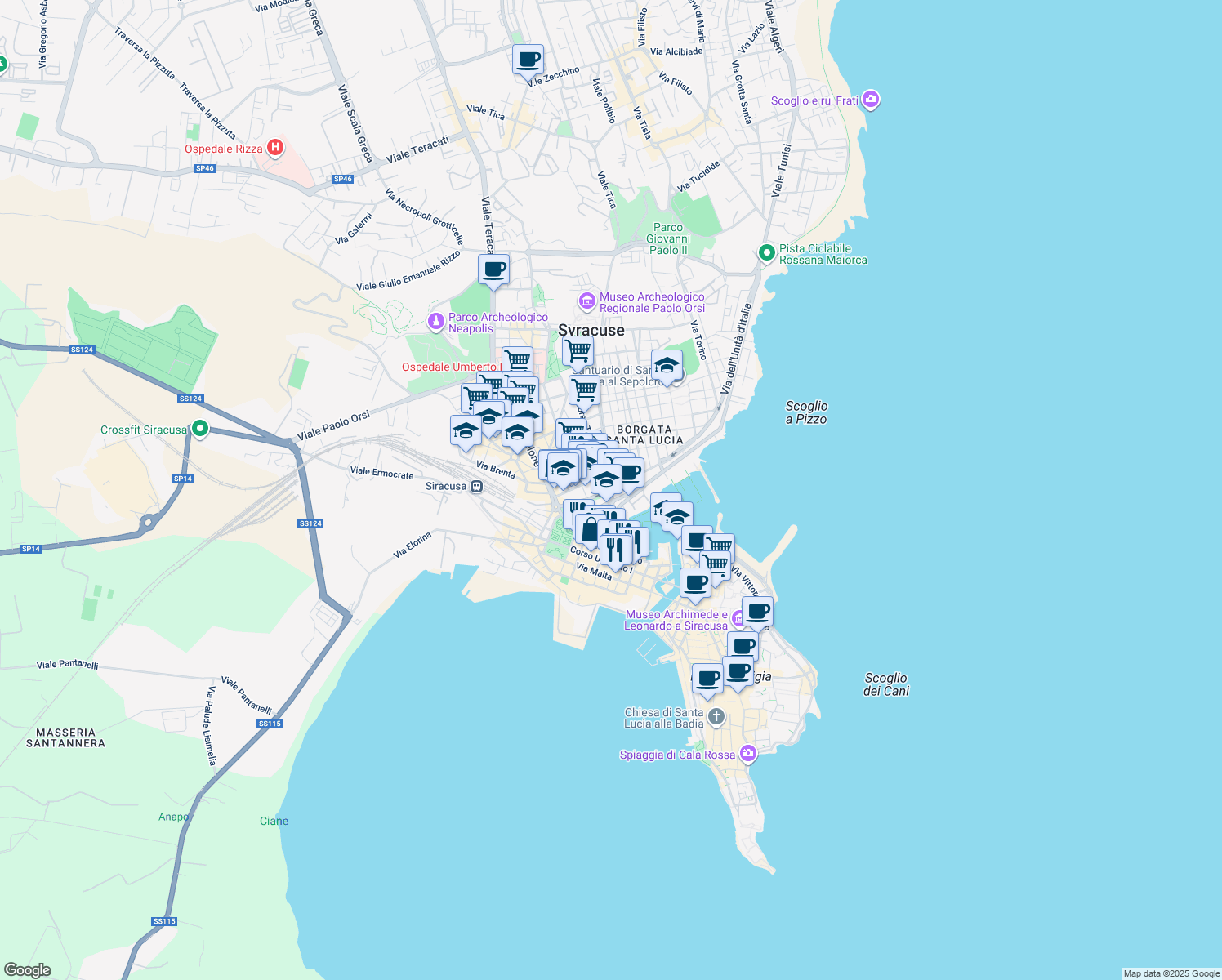 map of restaurants, bars, coffee shops, grocery stores, and more near 45 Via Agatocle in Syracuse