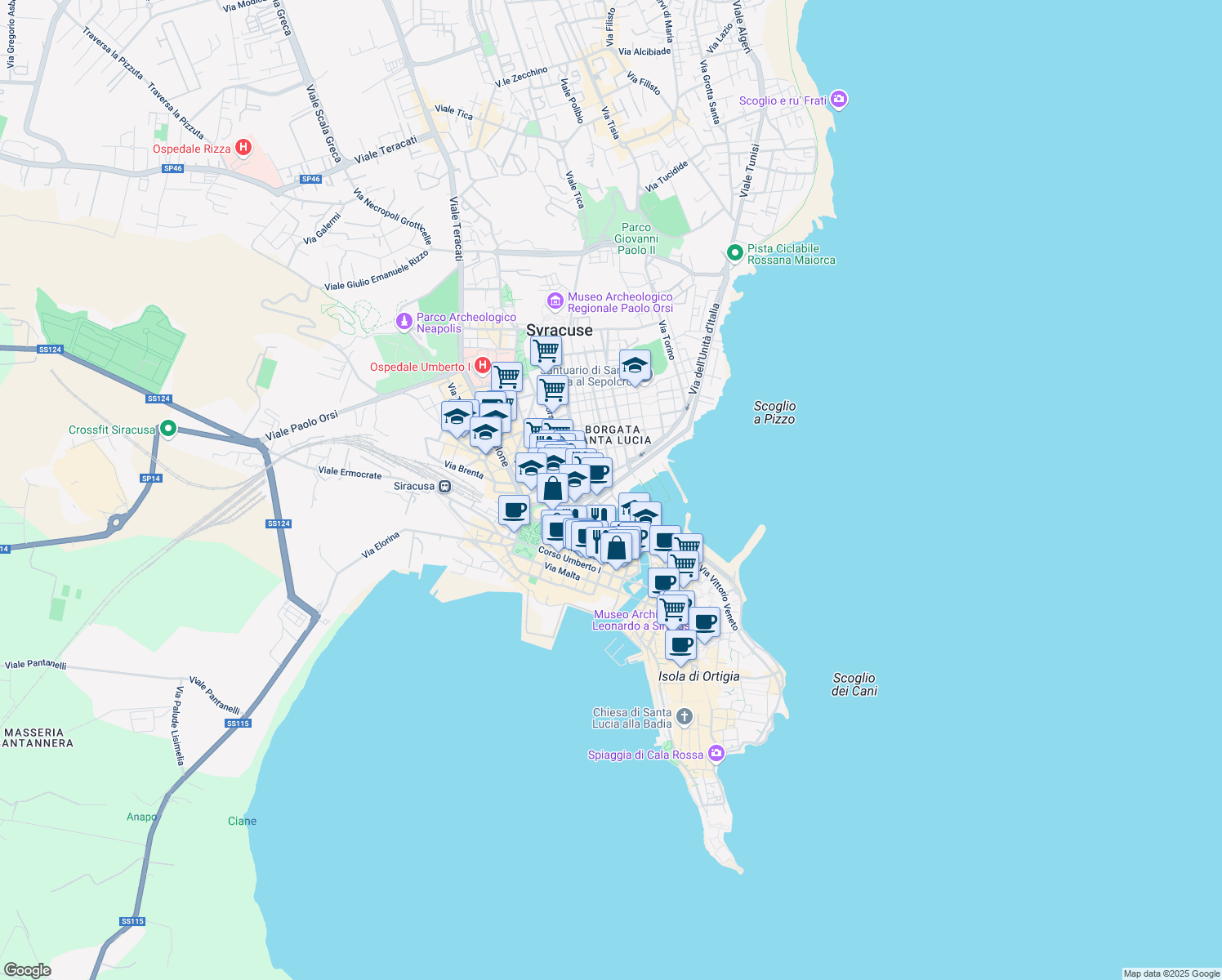 map of restaurants, bars, coffee shops, grocery stores, and more near 20 Riva Porto Lachio in Syracuse