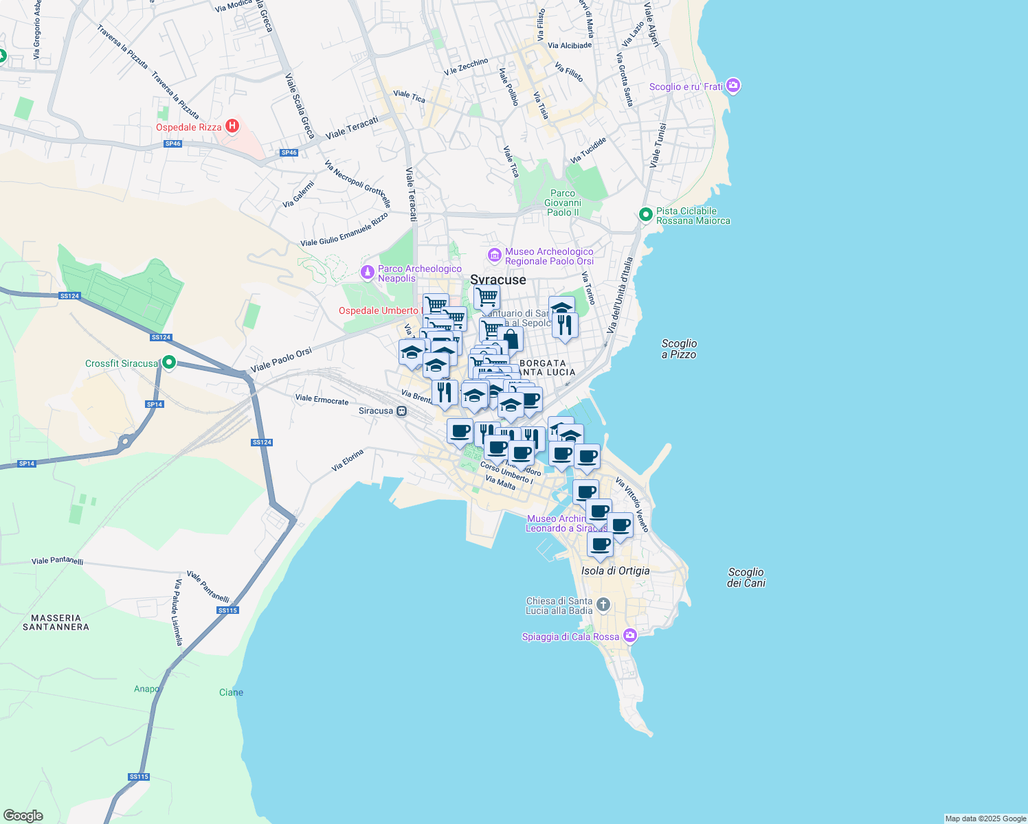 map of restaurants, bars, coffee shops, grocery stores, and more near 5 Corso Timoleonte in Siracusa