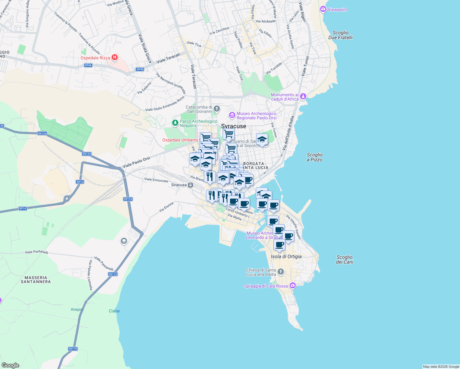map of restaurants, bars, coffee shops, grocery stores, and more near 21 Via Bacchilide in Siracusa