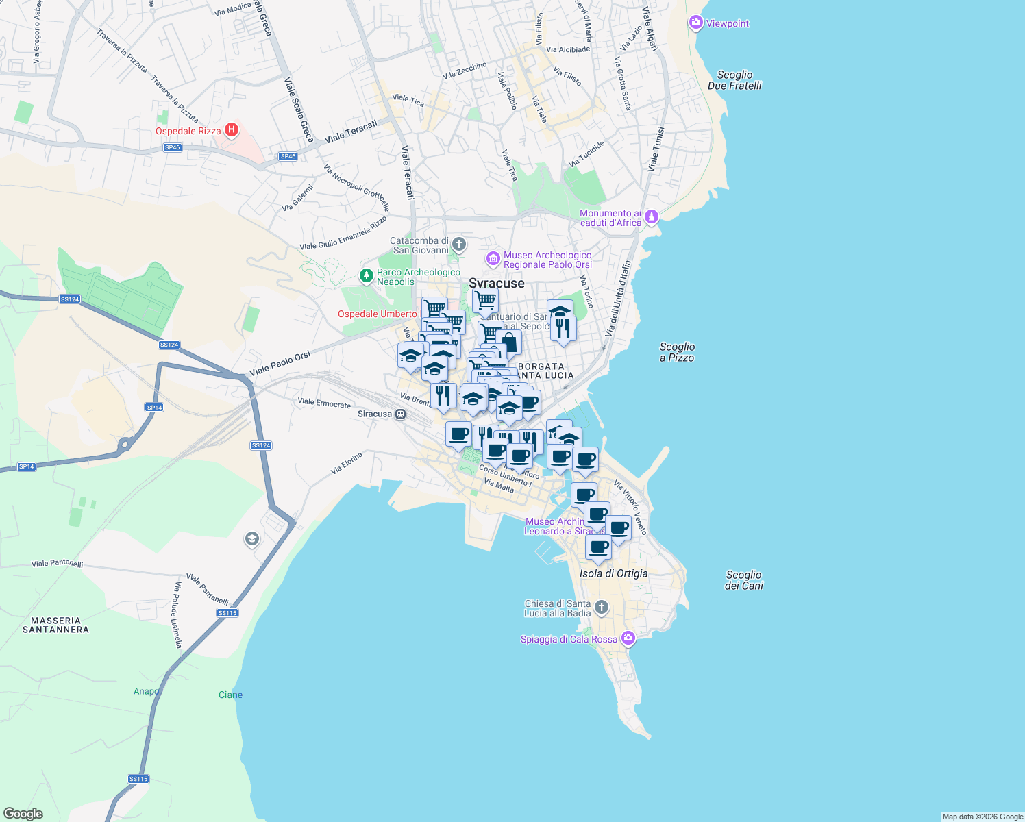 map of restaurants, bars, coffee shops, grocery stores, and more near 5 Corso Timoleonte in Siracusa