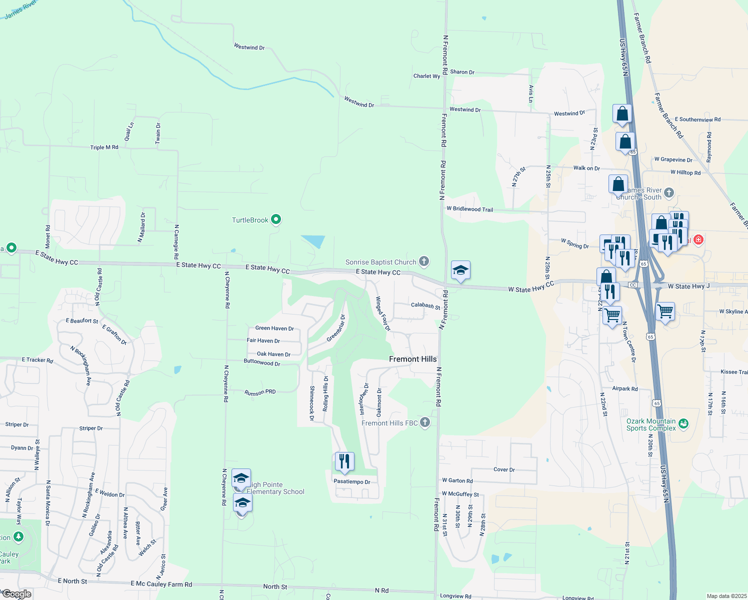 map of restaurants, bars, coffee shops, grocery stores, and more near 3112 Winged Foot Drive in Nixa