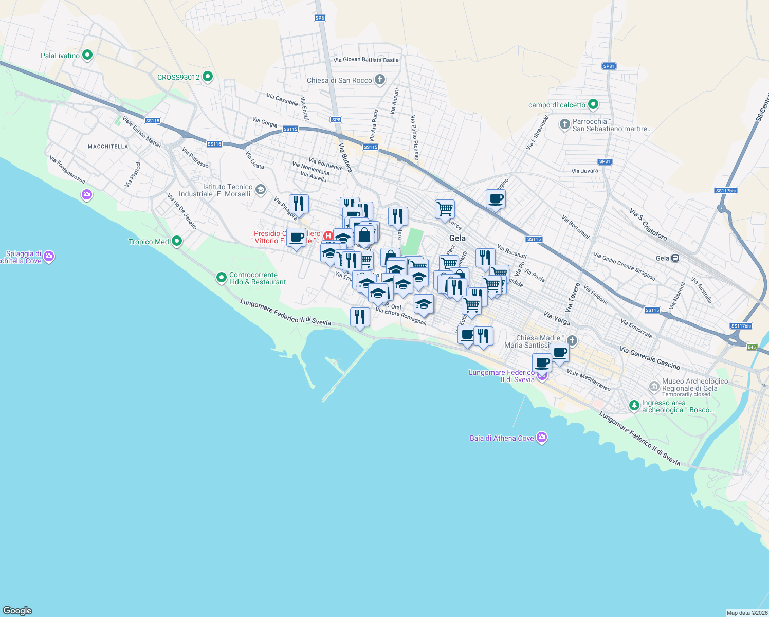 map of restaurants, bars, coffee shops, grocery stores, and more near 9 Via S1 in Gela