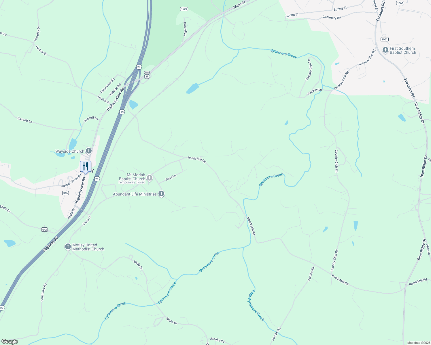 map of restaurants, bars, coffee shops, grocery stores, and more near County Road 638 in Pittsylvania County