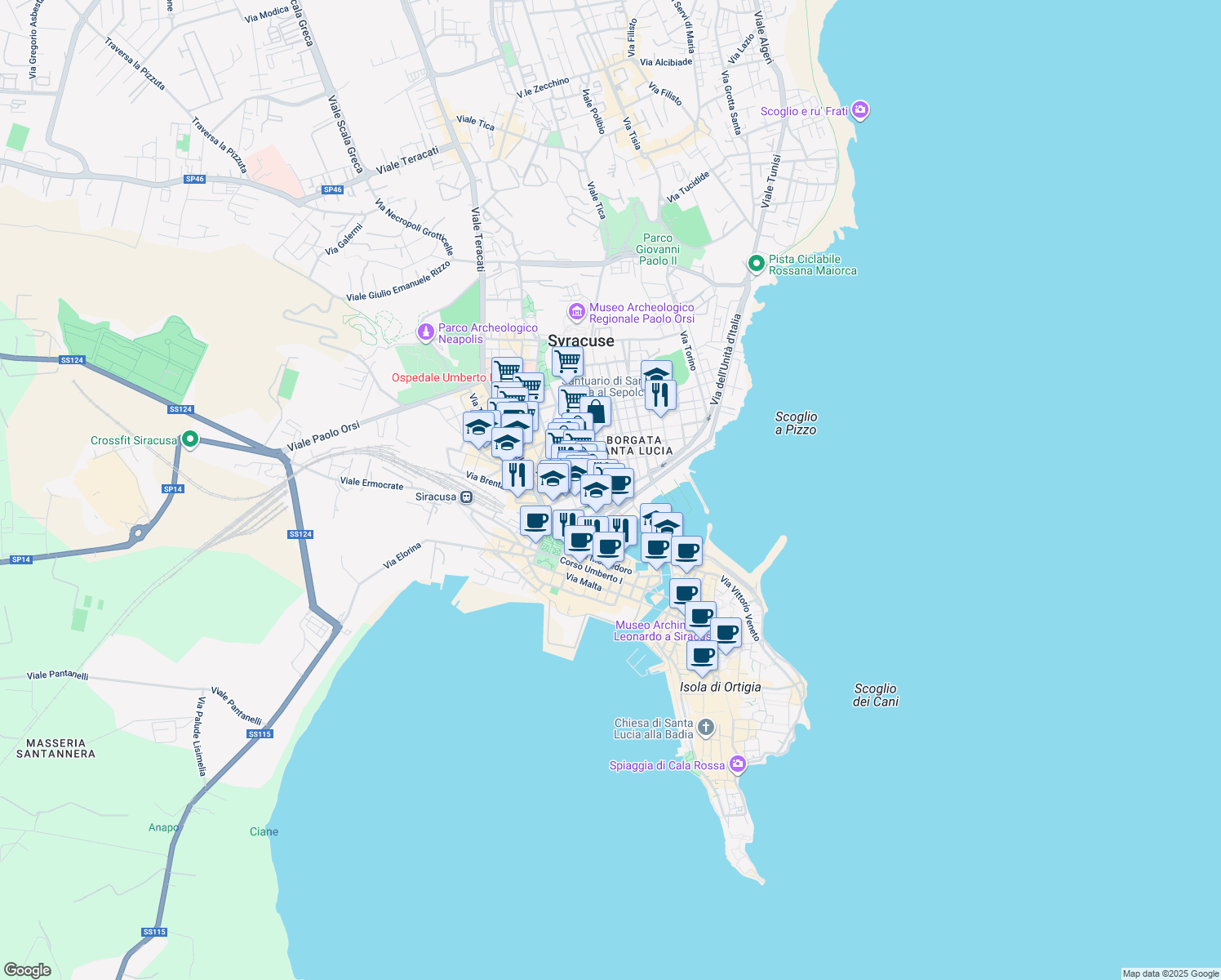 map of restaurants, bars, coffee shops, grocery stores, and more near 5 Corso Timoleonte in Siracusa