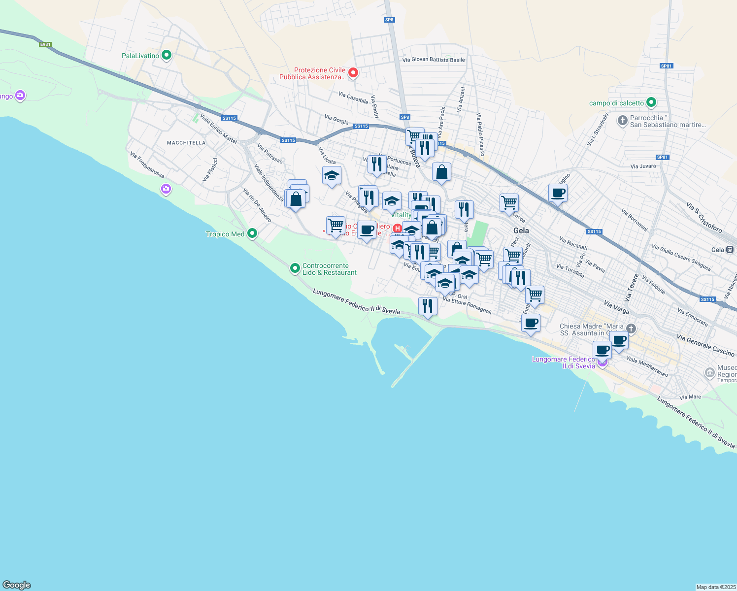 map of restaurants, bars, coffee shops, grocery stores, and more near 153 Via Europa in Gela