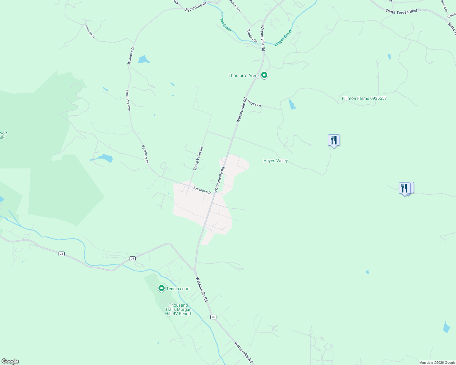 map of restaurants, bars, coffee shops, grocery stores, and more near 13460 Watsonville Road in Morgan Hill