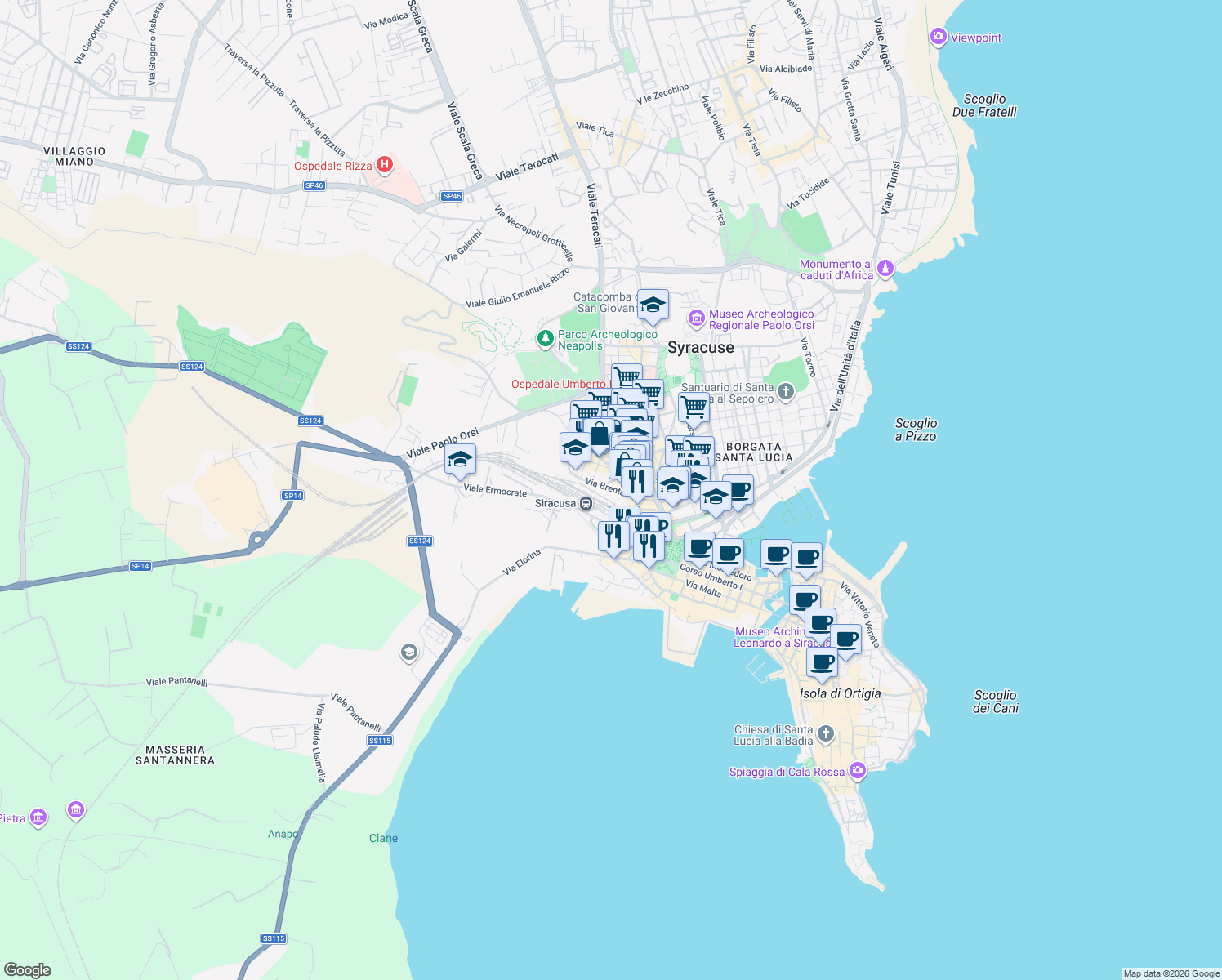 map of restaurants, bars, coffee shops, grocery stores, and more near 65 Via Brenta in Syracuse