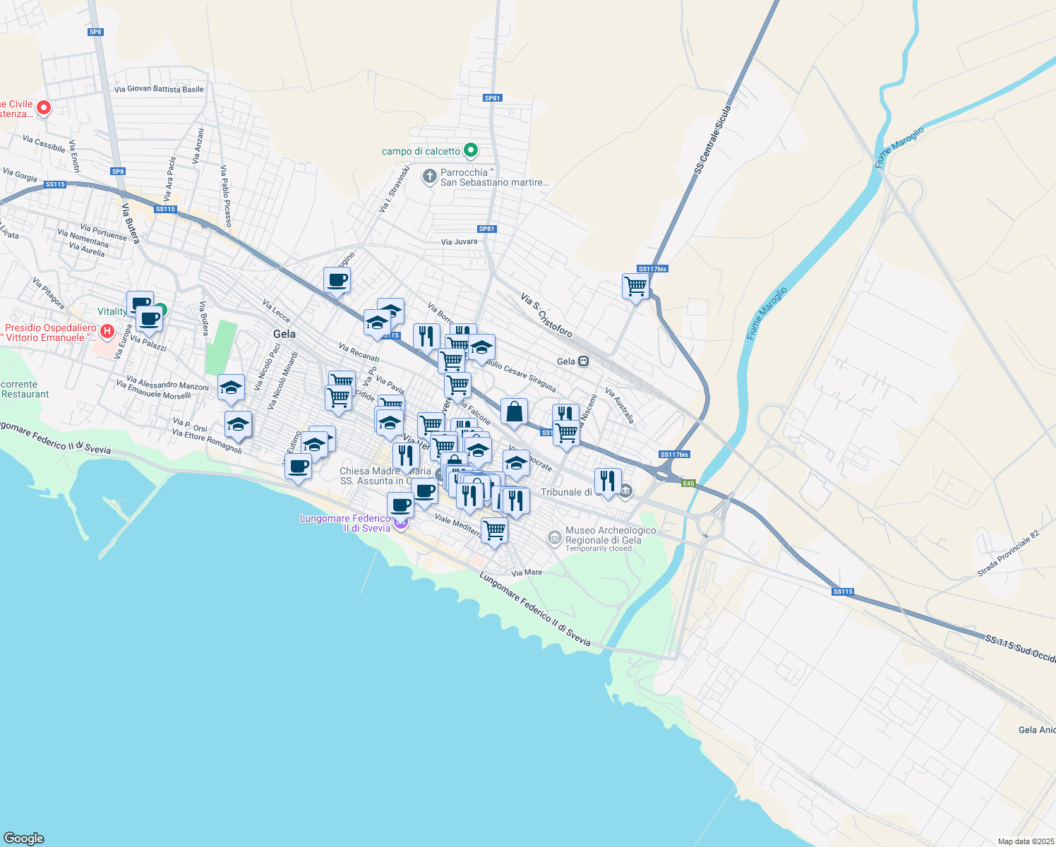 map of restaurants, bars, coffee shops, grocery stores, and more near 104 Via Venezia in Gela