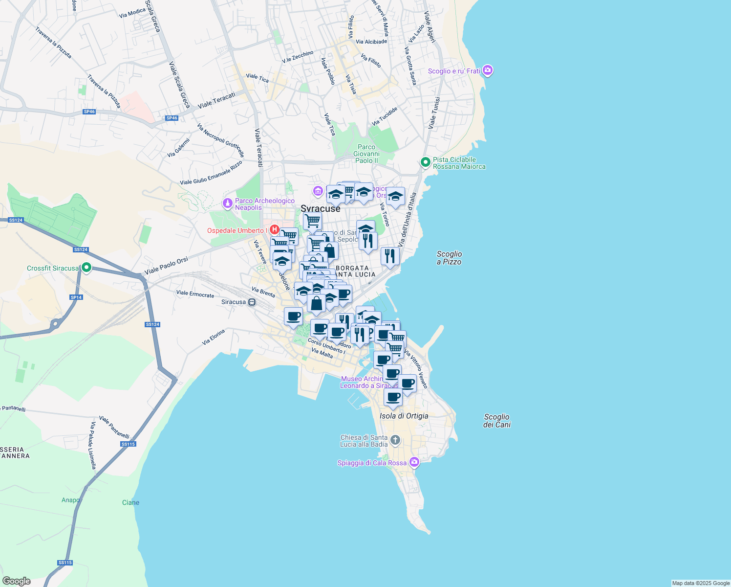 map of restaurants, bars, coffee shops, grocery stores, and more near 4 Riviera Dionisio Il Grande in Siracusa