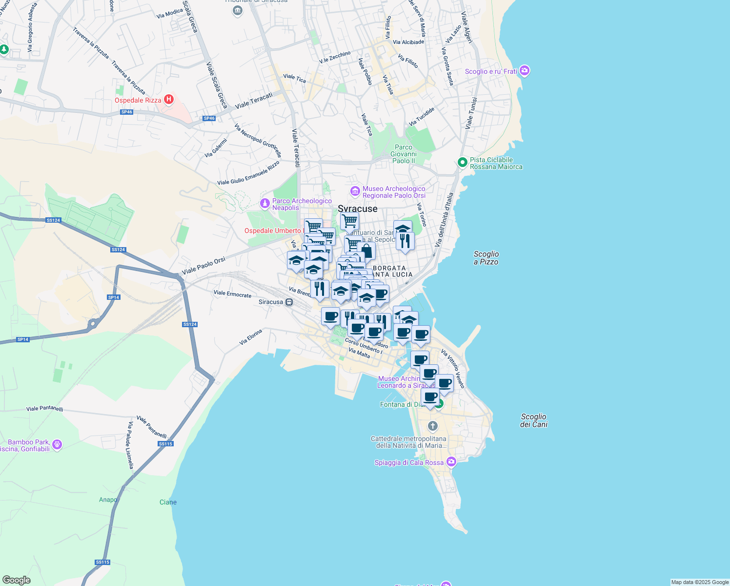 map of restaurants, bars, coffee shops, grocery stores, and more near 5 Corso Timoleonte in Siracusa