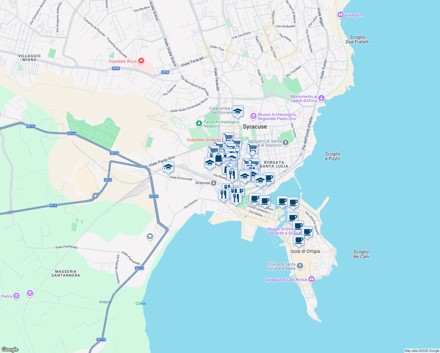 map of restaurants, bars, coffee shops, grocery stores, and more near 65 Via Brenta in Syracuse