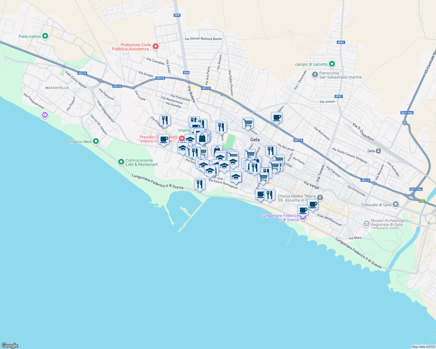map of restaurants, bars, coffee shops, grocery stores, and more near 9 Via Emanuele Carfì in Gela