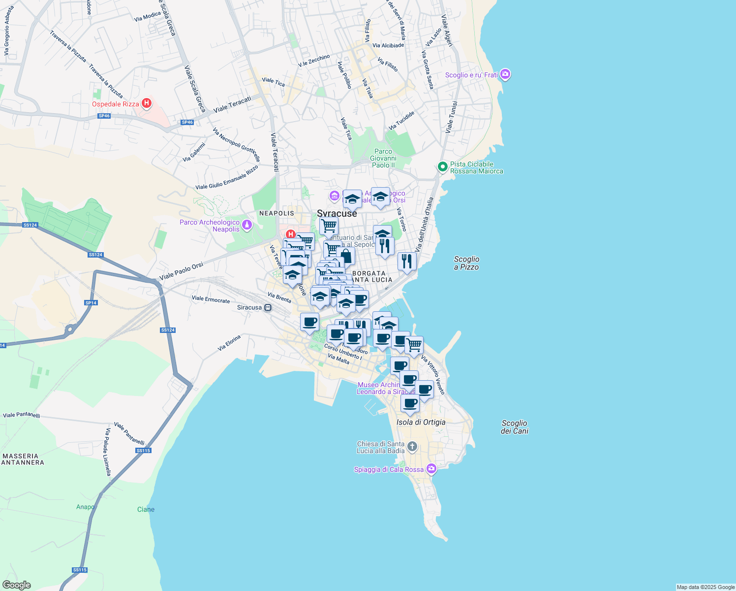 map of restaurants, bars, coffee shops, grocery stores, and more near 4 Via Bainsizza in Siracusa