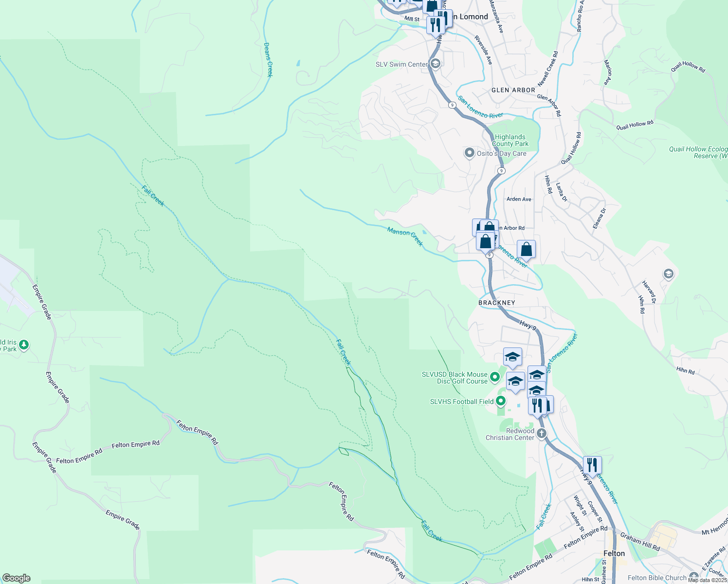 map of restaurants, bars, coffee shops, grocery stores, and more near 1370 El Solyo Heights Drive in Felton