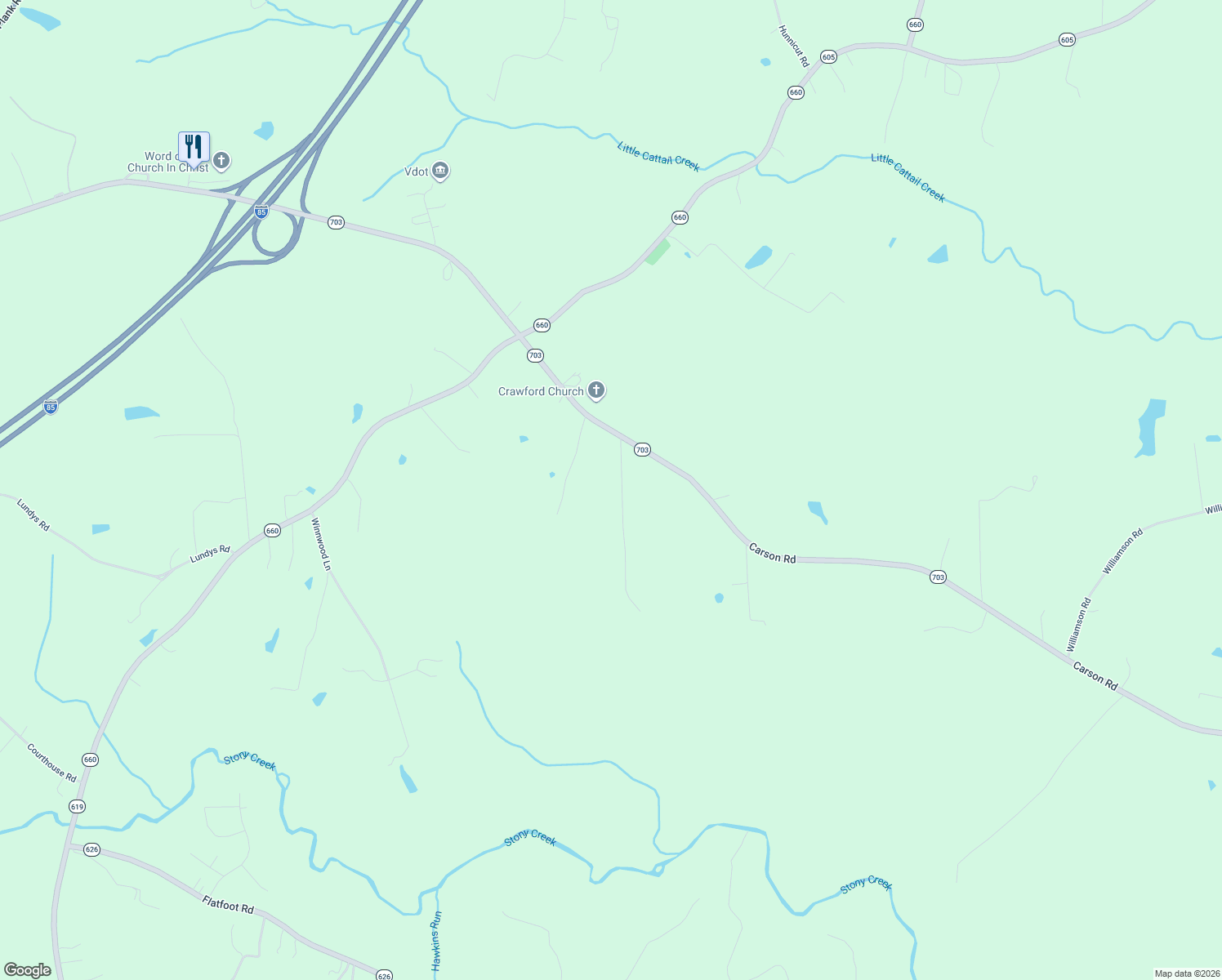 map of restaurants, bars, coffee shops, grocery stores, and more near 20837 Carson Road in Dinwiddie