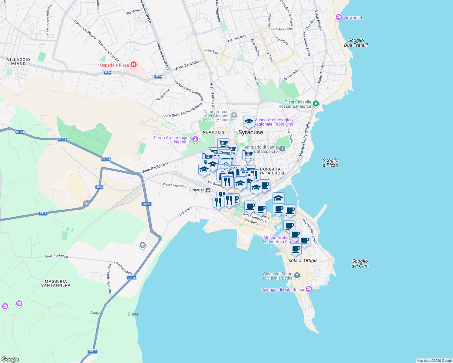 map of restaurants, bars, coffee shops, grocery stores, and more near 18 Via del Colle Temenite in Siracusa