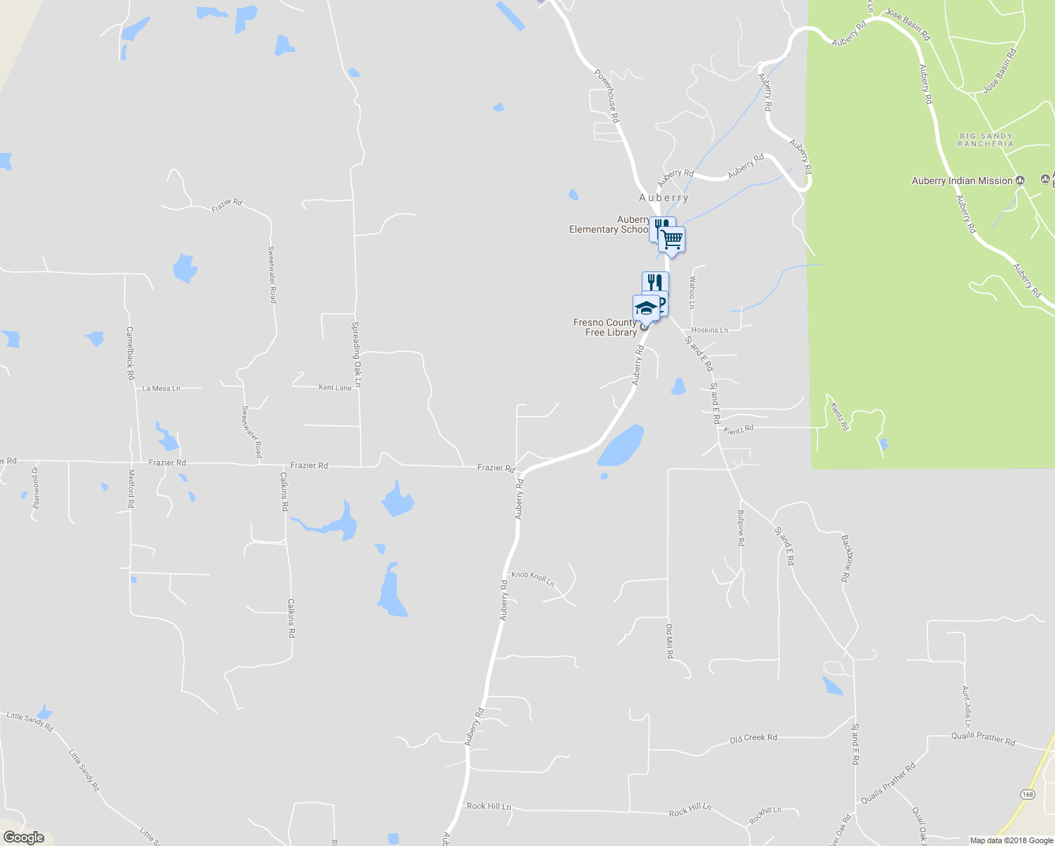 map of restaurants, bars, coffee shops, grocery stores, and more near 32450 Frazier Road in Auberry