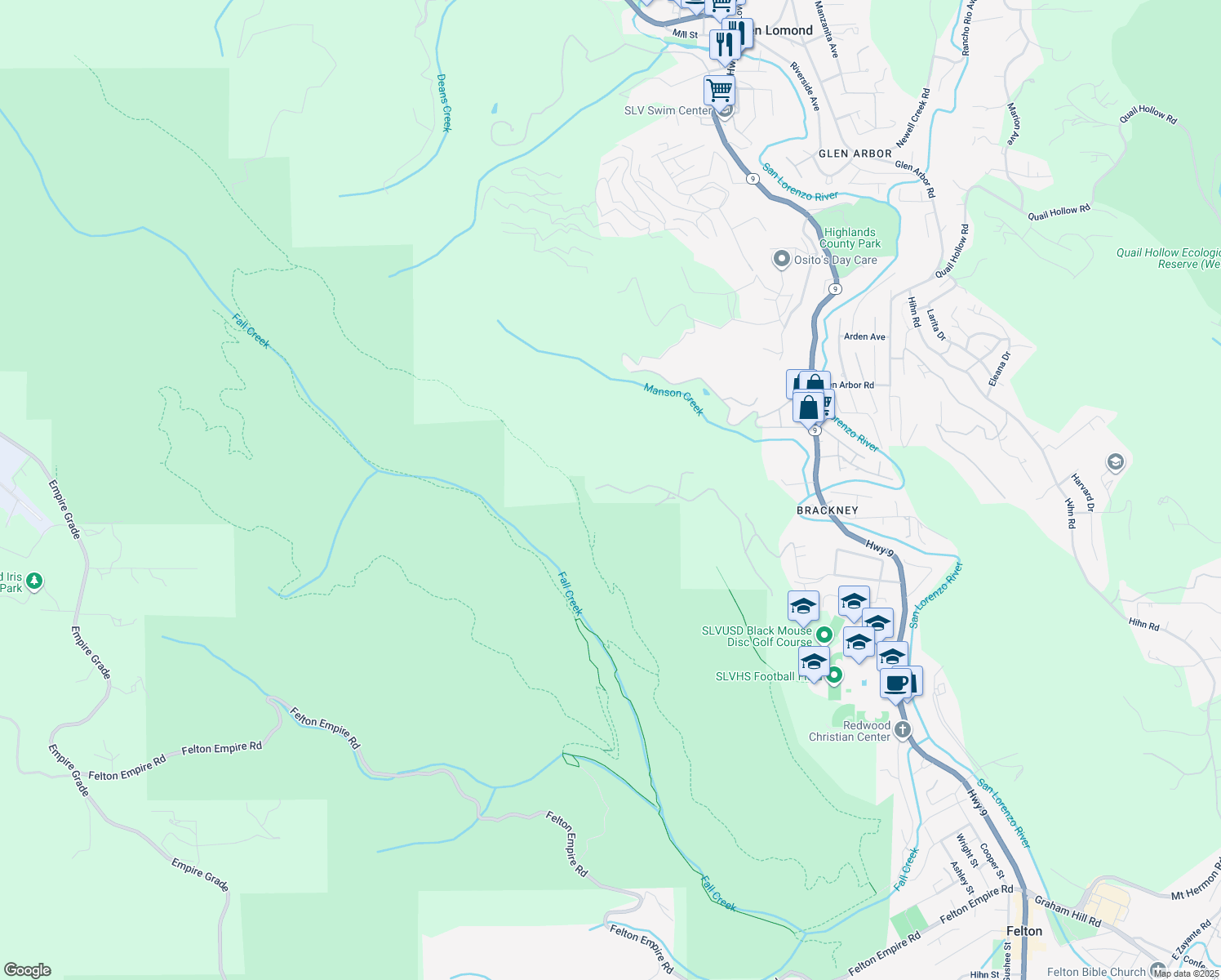 map of restaurants, bars, coffee shops, grocery stores, and more near 1370 El Solyo Heights Drive in Felton