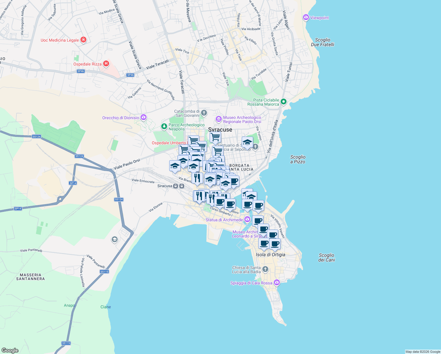 map of restaurants, bars, coffee shops, grocery stores, and more near 21 Via Bacchilide in Siracusa