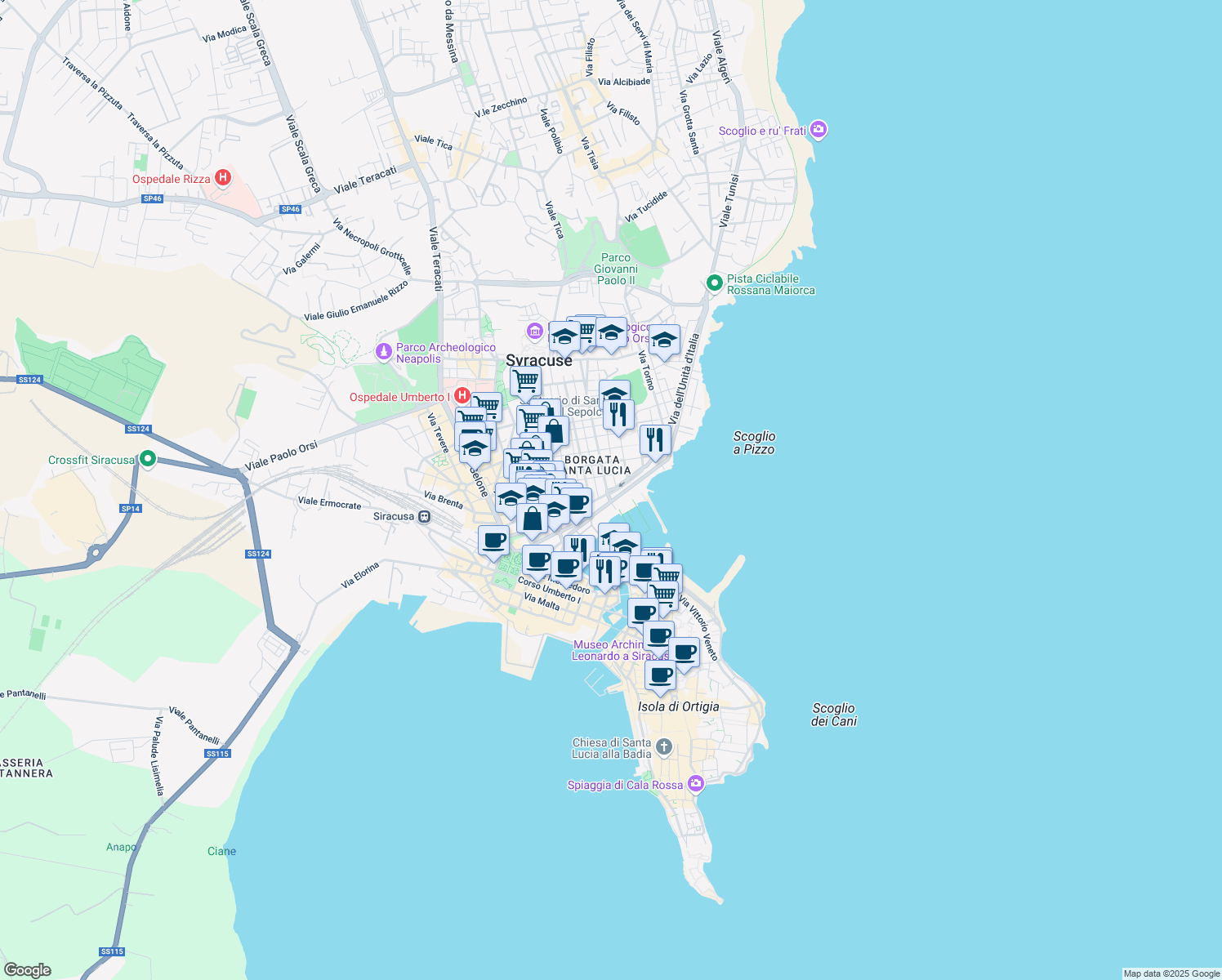 map of restaurants, bars, coffee shops, grocery stores, and more near 4 Riviera Dionisio Il Grande in Siracusa