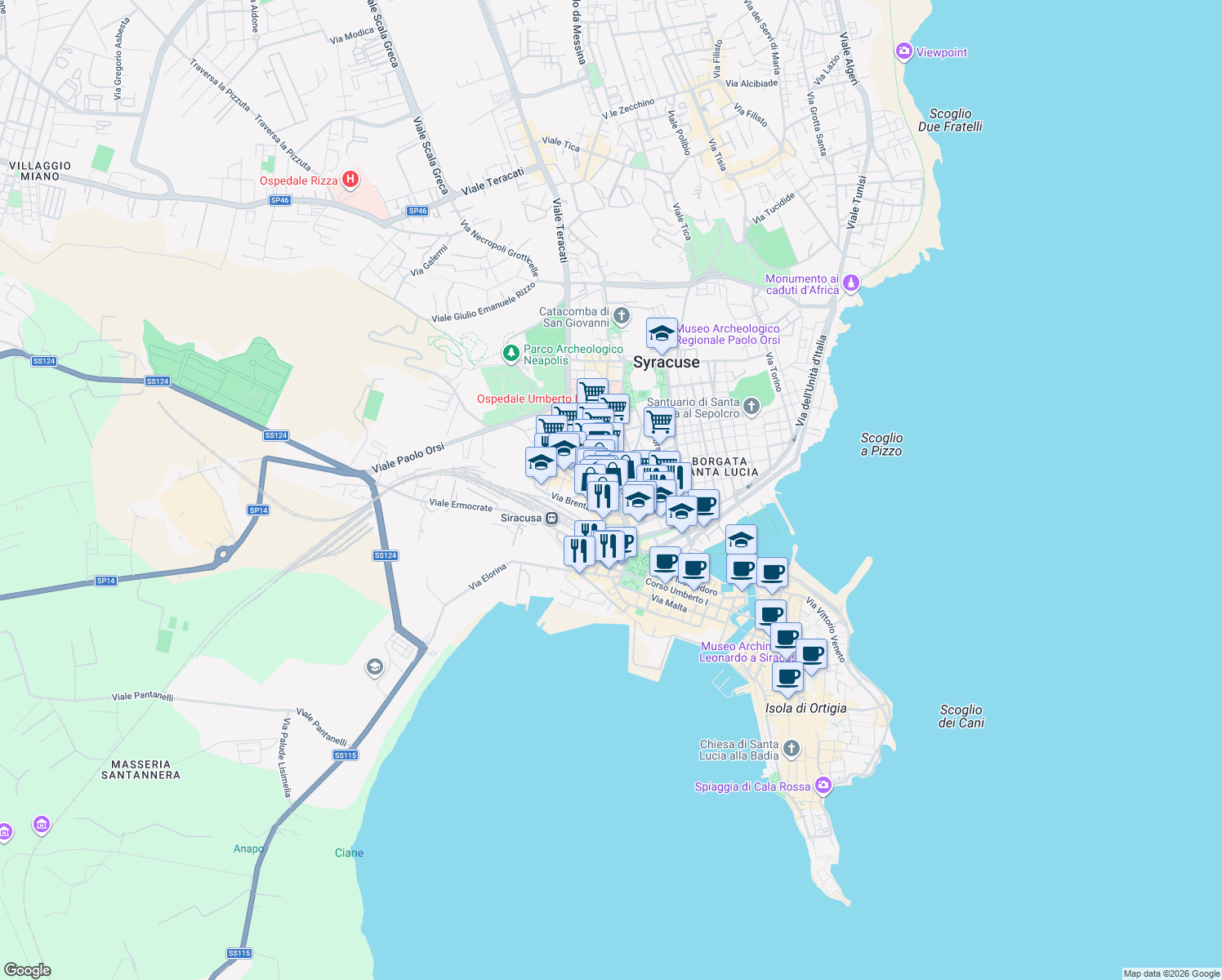 map of restaurants, bars, coffee shops, grocery stores, and more near 18 Via del Colle Temenite in Siracusa