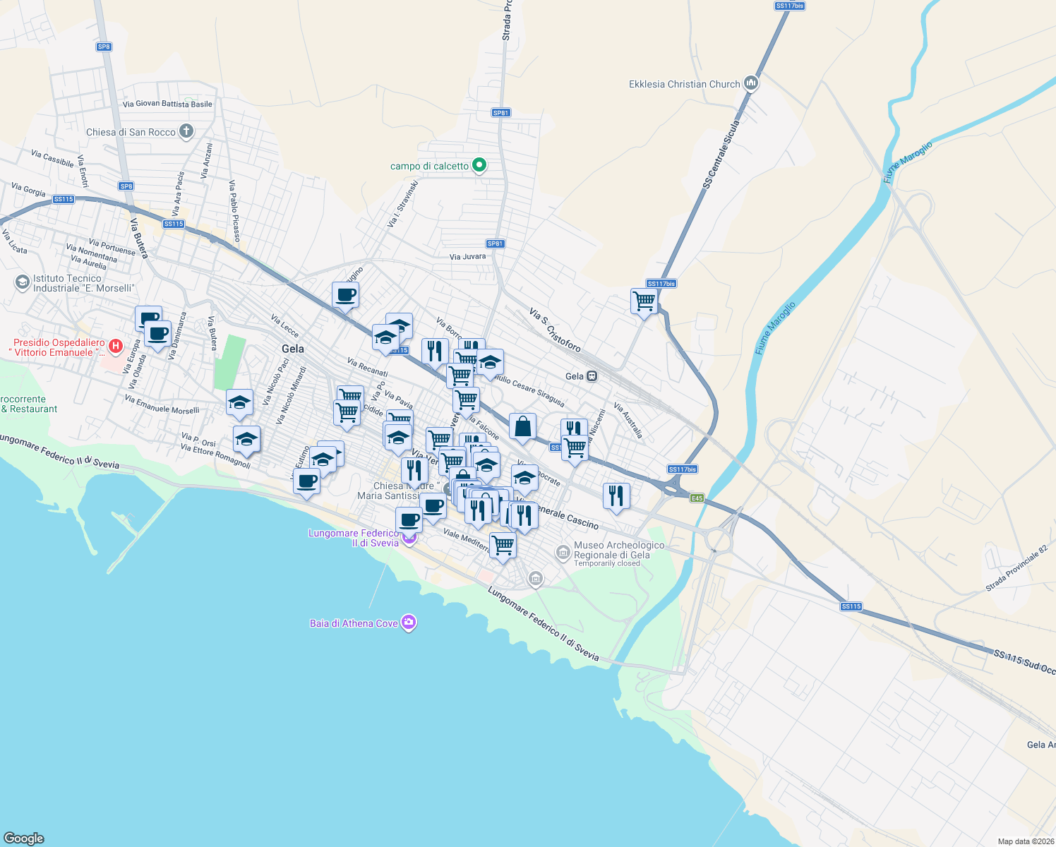 map of restaurants, bars, coffee shops, grocery stores, and more near 104 Via Venezia in Gela