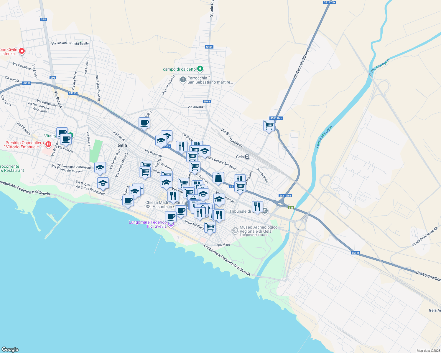 map of restaurants, bars, coffee shops, grocery stores, and more near 104 Via Venezia in Gela