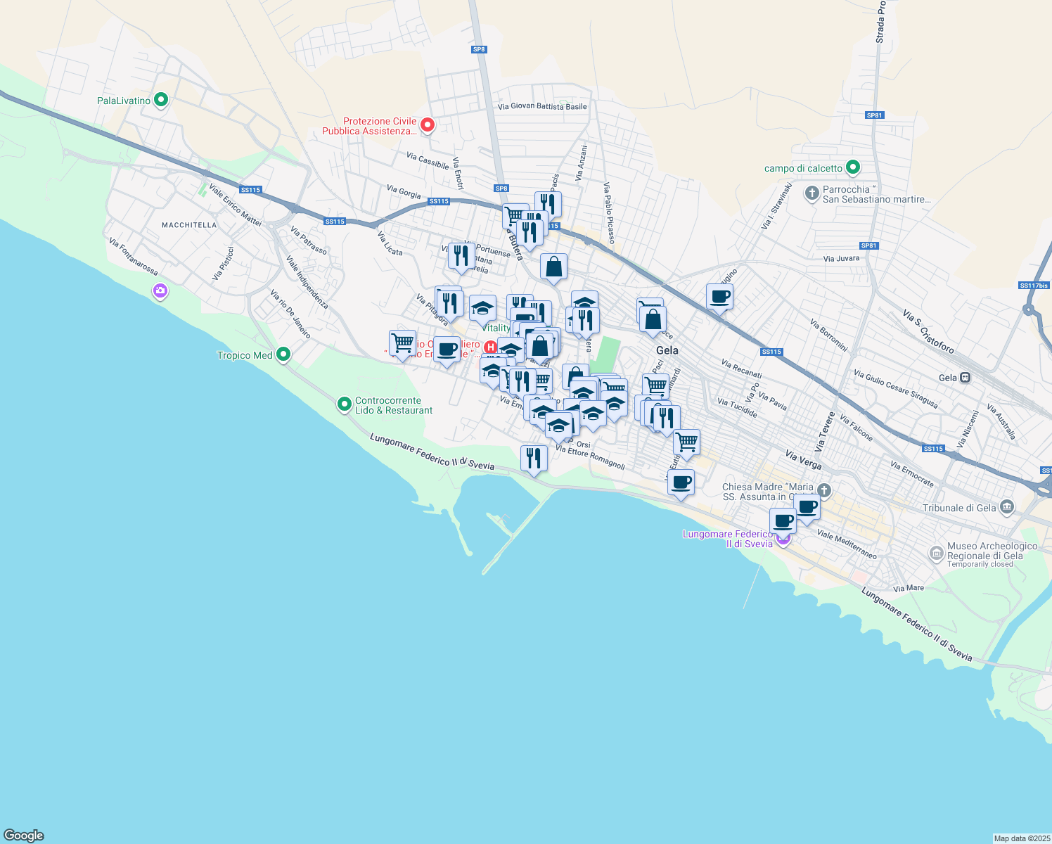 map of restaurants, bars, coffee shops, grocery stores, and more near 2 Via Meli in Gela