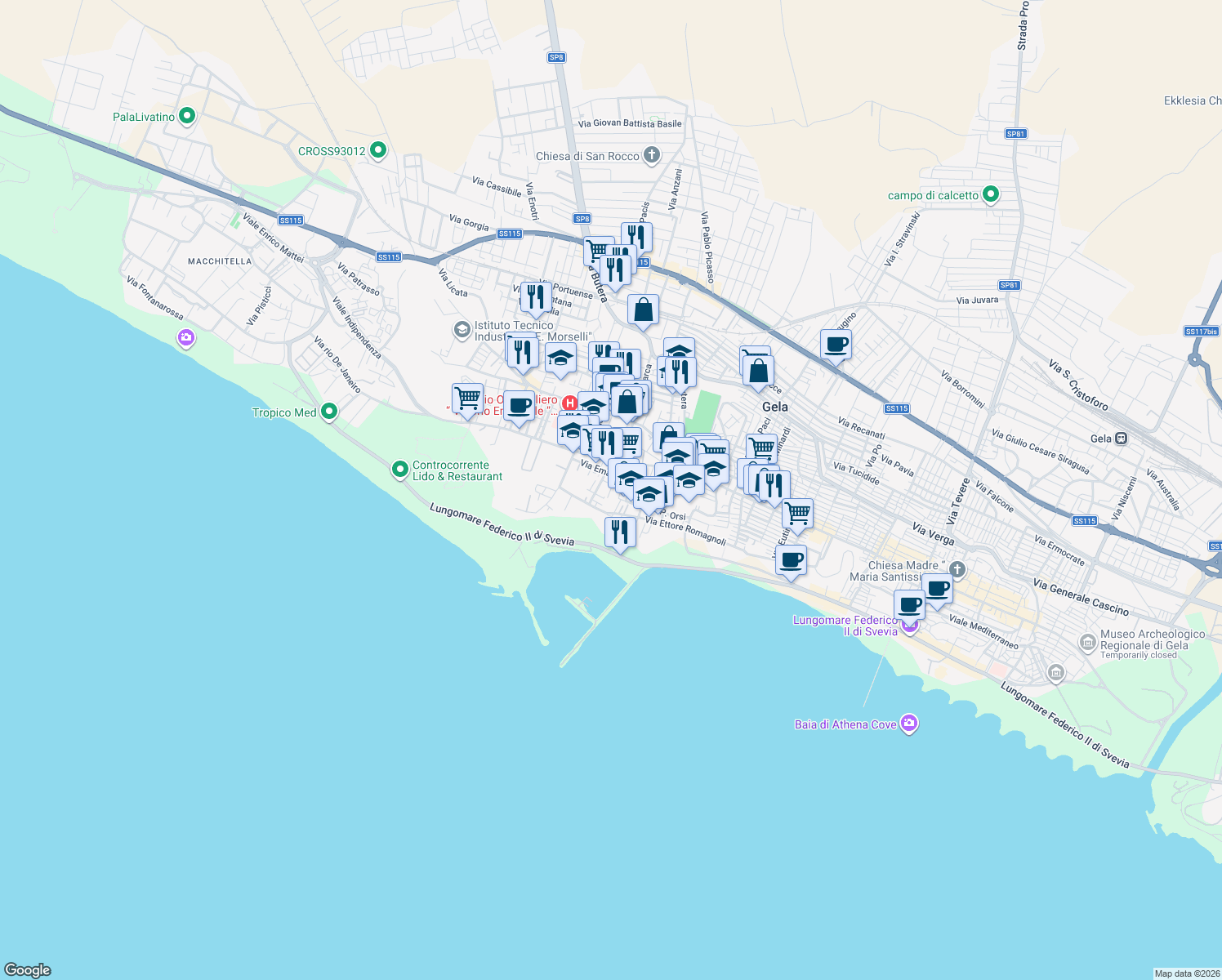 map of restaurants, bars, coffee shops, grocery stores, and more near 2 Via Meli in Gela