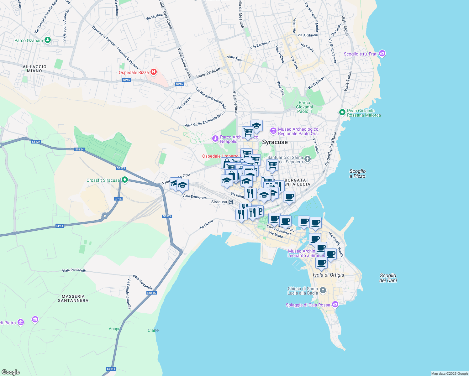 map of restaurants, bars, coffee shops, grocery stores, and more near 6 Via Sele in Siracusa