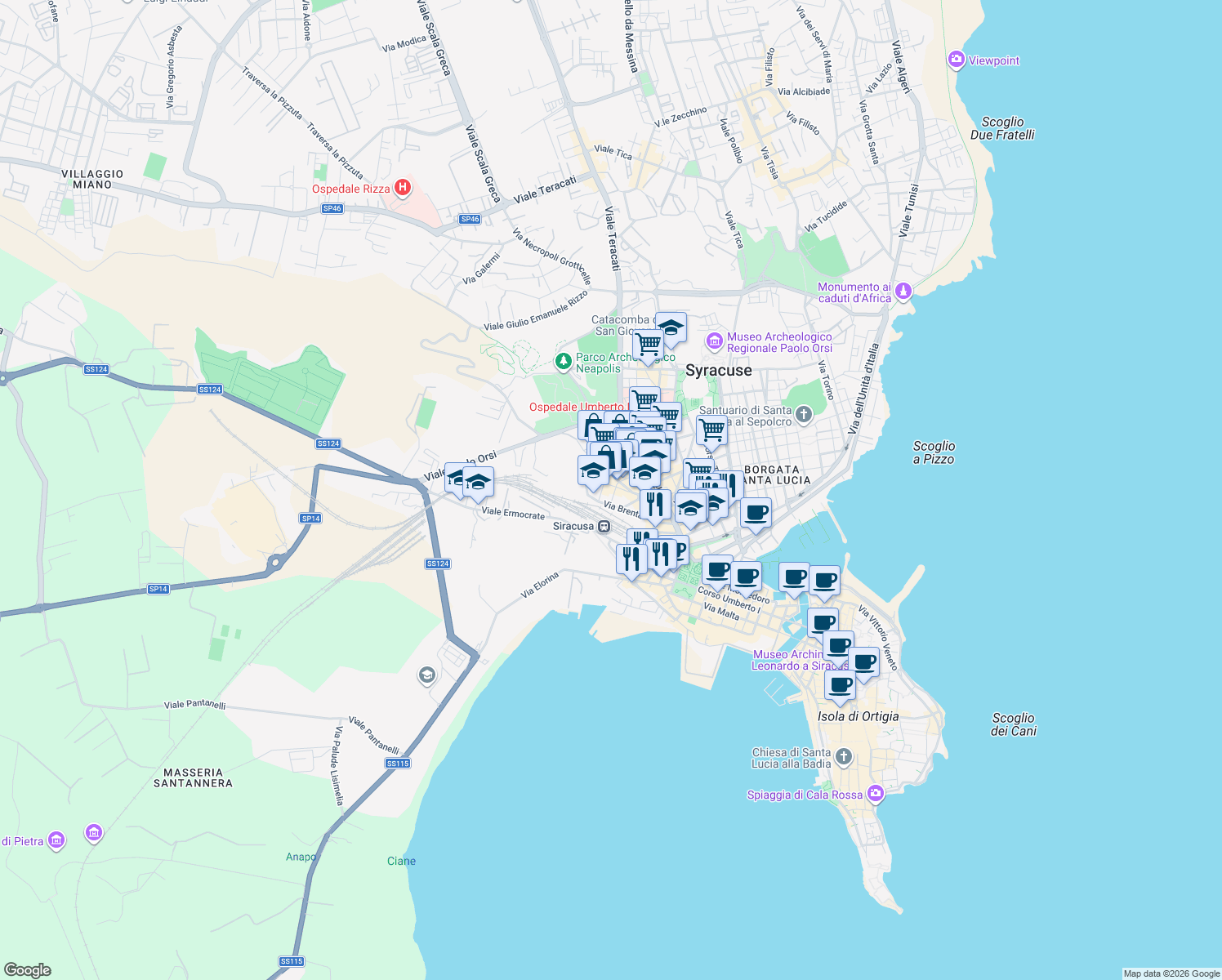 map of restaurants, bars, coffee shops, grocery stores, and more near 6 Via Sele in Siracusa