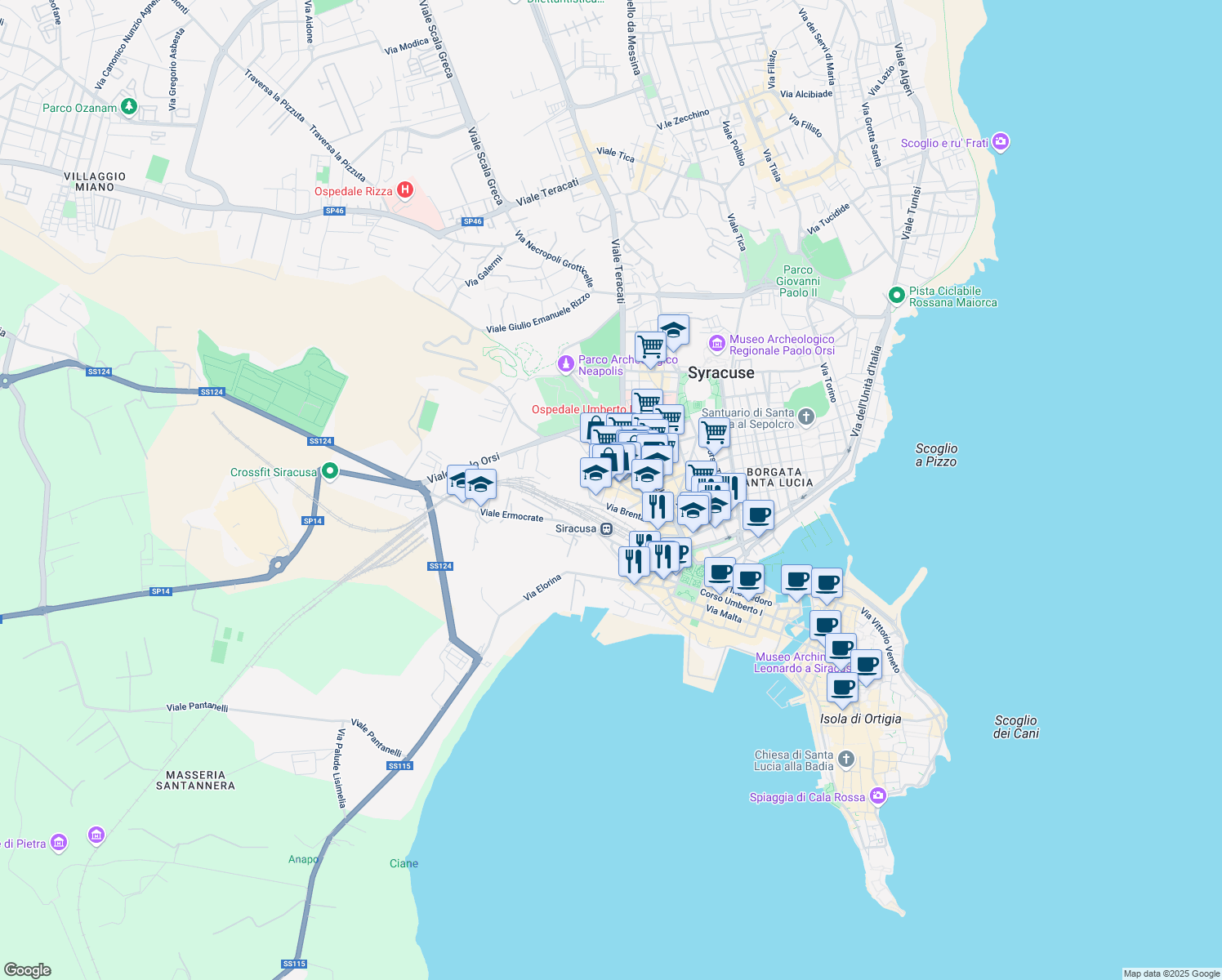 map of restaurants, bars, coffee shops, grocery stores, and more near 6 Via Sele in Siracusa