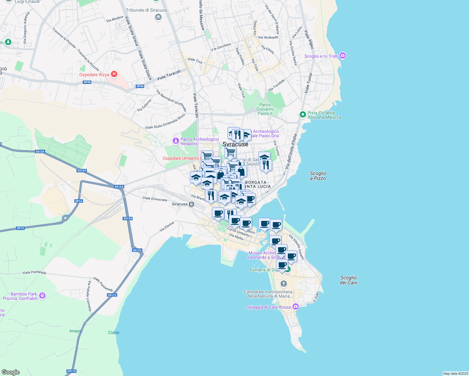 map of restaurants, bars, coffee shops, grocery stores, and more near 86 Via Re Ierone II in Siracusa