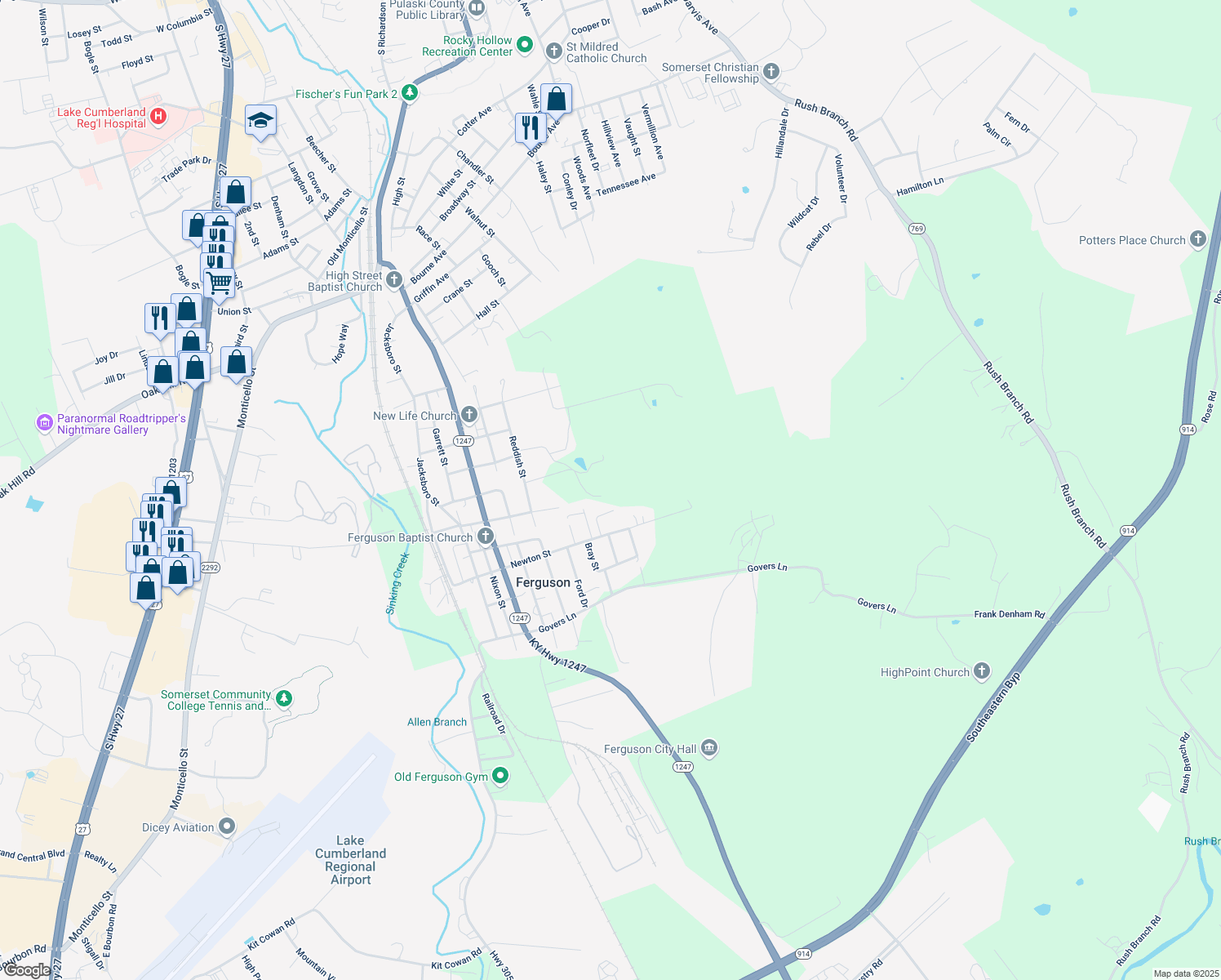 map of restaurants, bars, coffee shops, grocery stores, and more near Emery in Ferguson