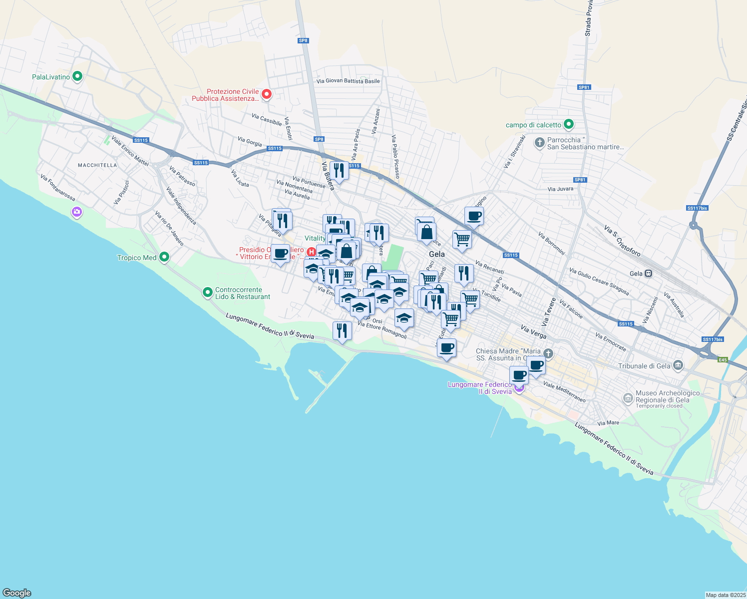 map of restaurants, bars, coffee shops, grocery stores, and more near 49 Via Palazzi in Gela