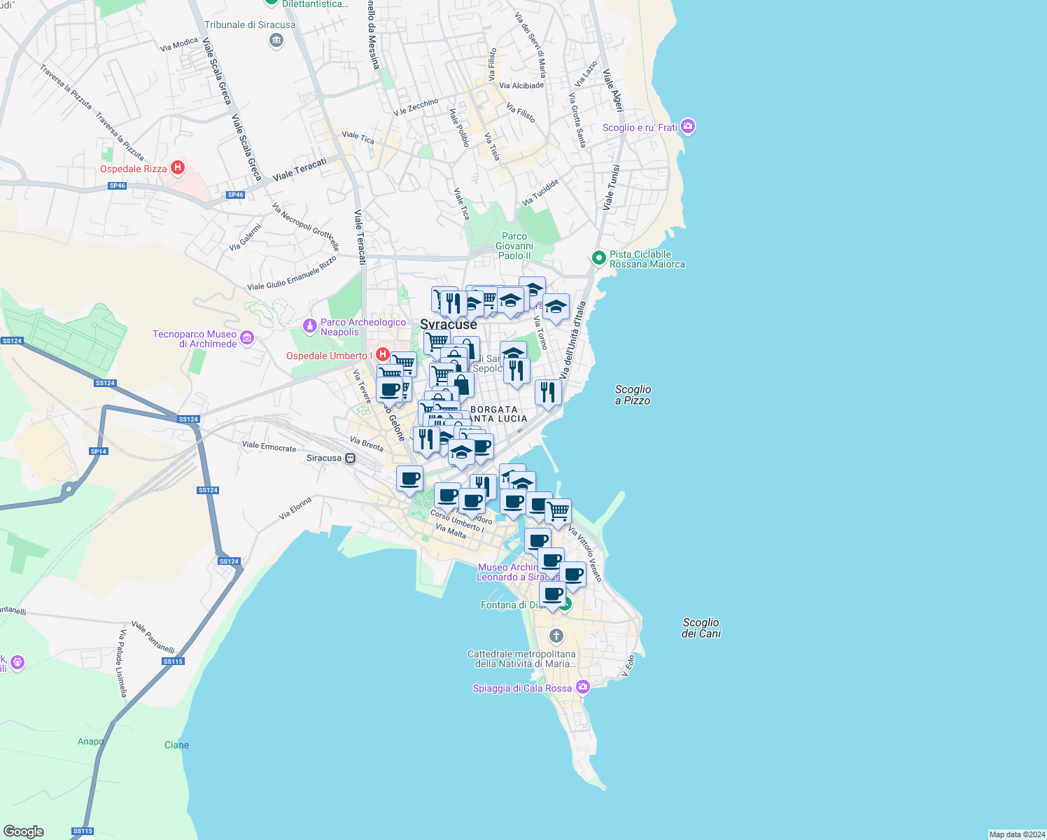 map of restaurants, bars, coffee shops, grocery stores, and more near 5 Via Gaetano Fuggetta in Syracuse