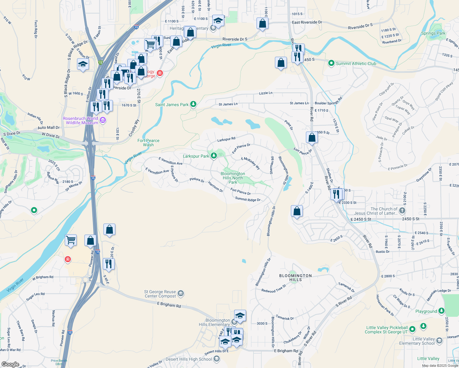 map of restaurants, bars, coffee shops, grocery stores, and more near 2285 Vermillion Avenue in St. George